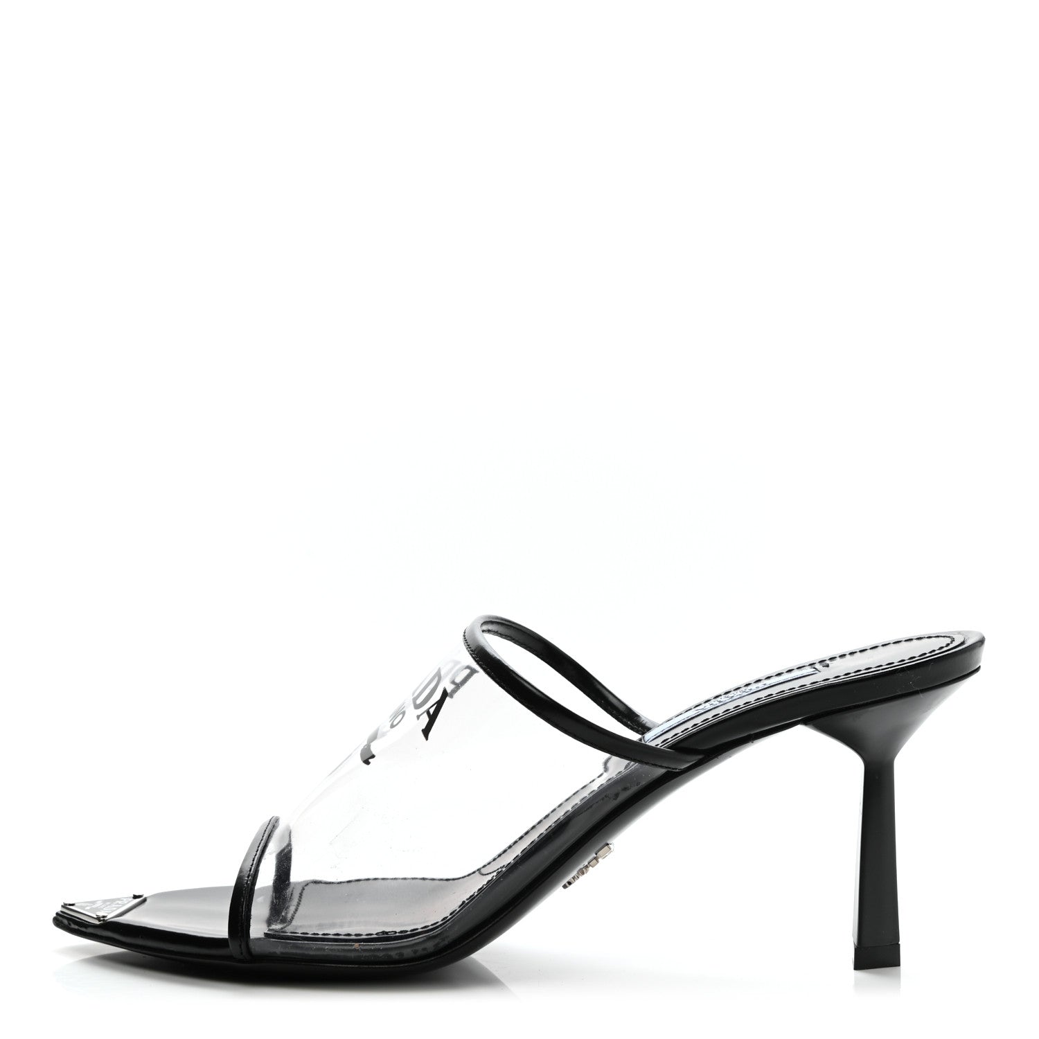 Prada Plexiglass Calfskin Metal Triangle Logo 75mm Slide Sandals 37.5 Black 1 of 8