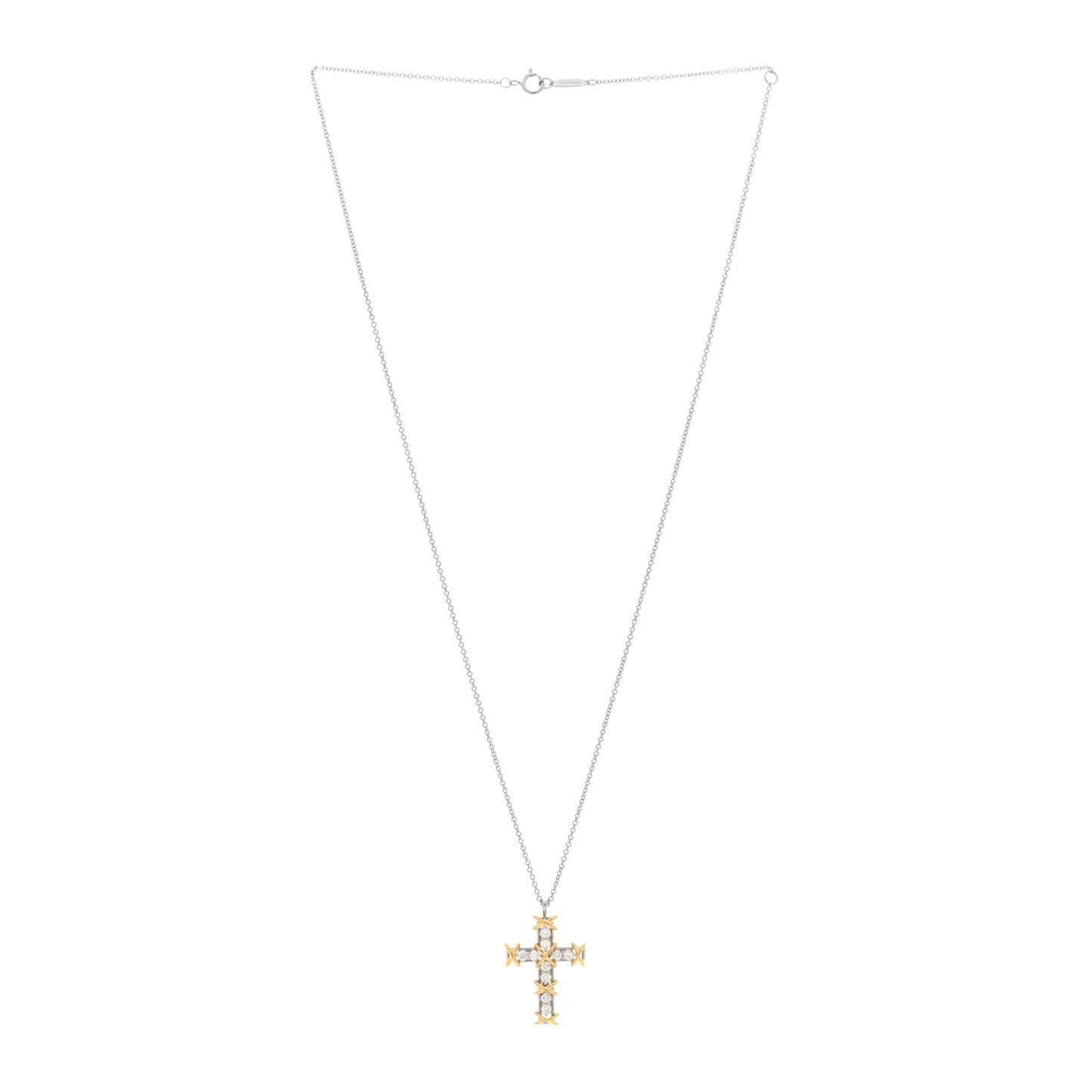 Platinum 18K Yellow Gold Diamond Schlumberger Ten Stone Cross Pendant Necklace