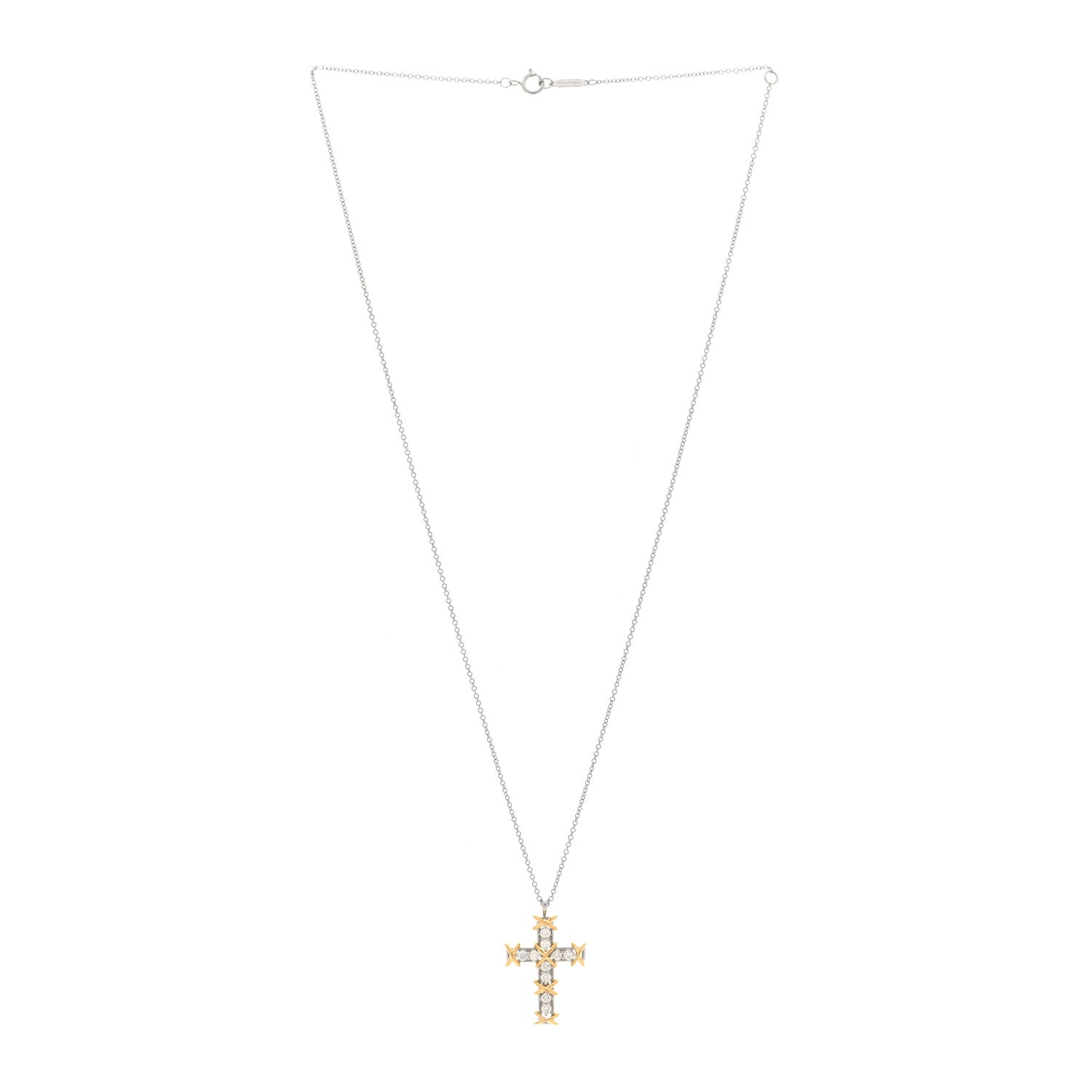 Tiffany Platinum 18K Yellow Gold Diamond Schlumberger Ten Stone Cross Pendant Necklace 2 of 4