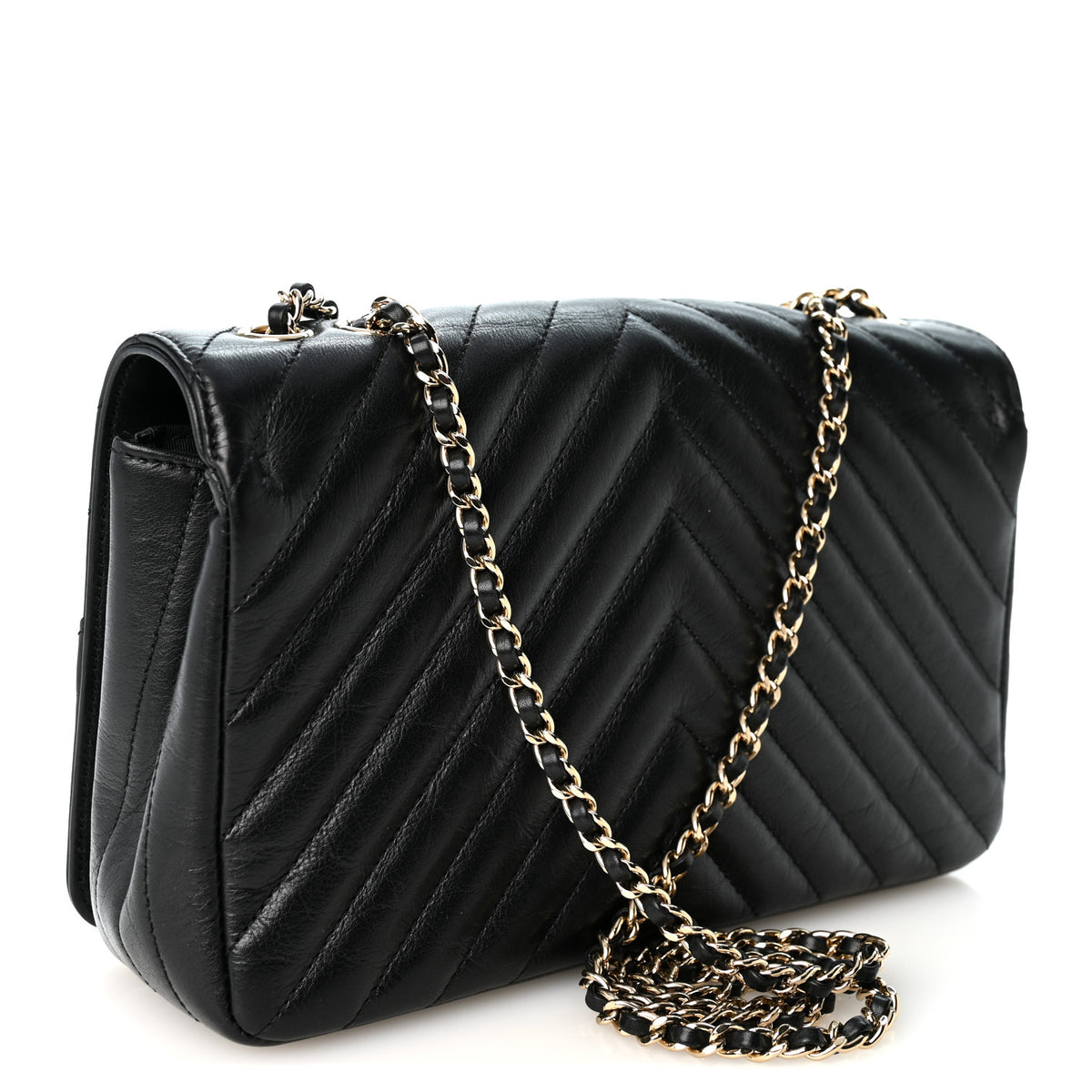 Calfskin Chevron Quilted Small Statement Flap Black
