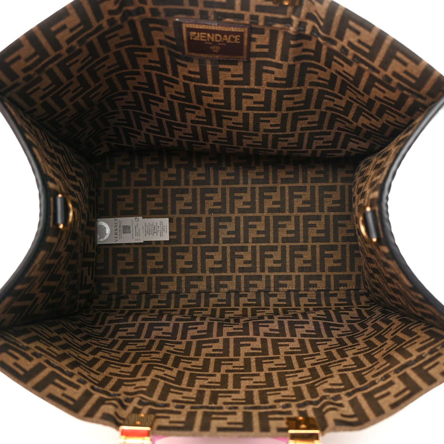 X VERSACE Fabric Jacquard Calfskin Plexiglass Fendace FF Medusa Studded Large Fendi Sunshine Shopper Tote Marrone Fuxia
