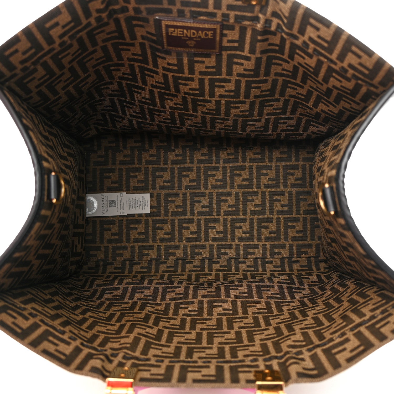 Fendi X VERSACE Fabric Jacquard Calfskin Plexiglass Fendace FF Medusa Studded Large Fendi Sunshine Shopper Tote Marrone Fuxia 5 of 13