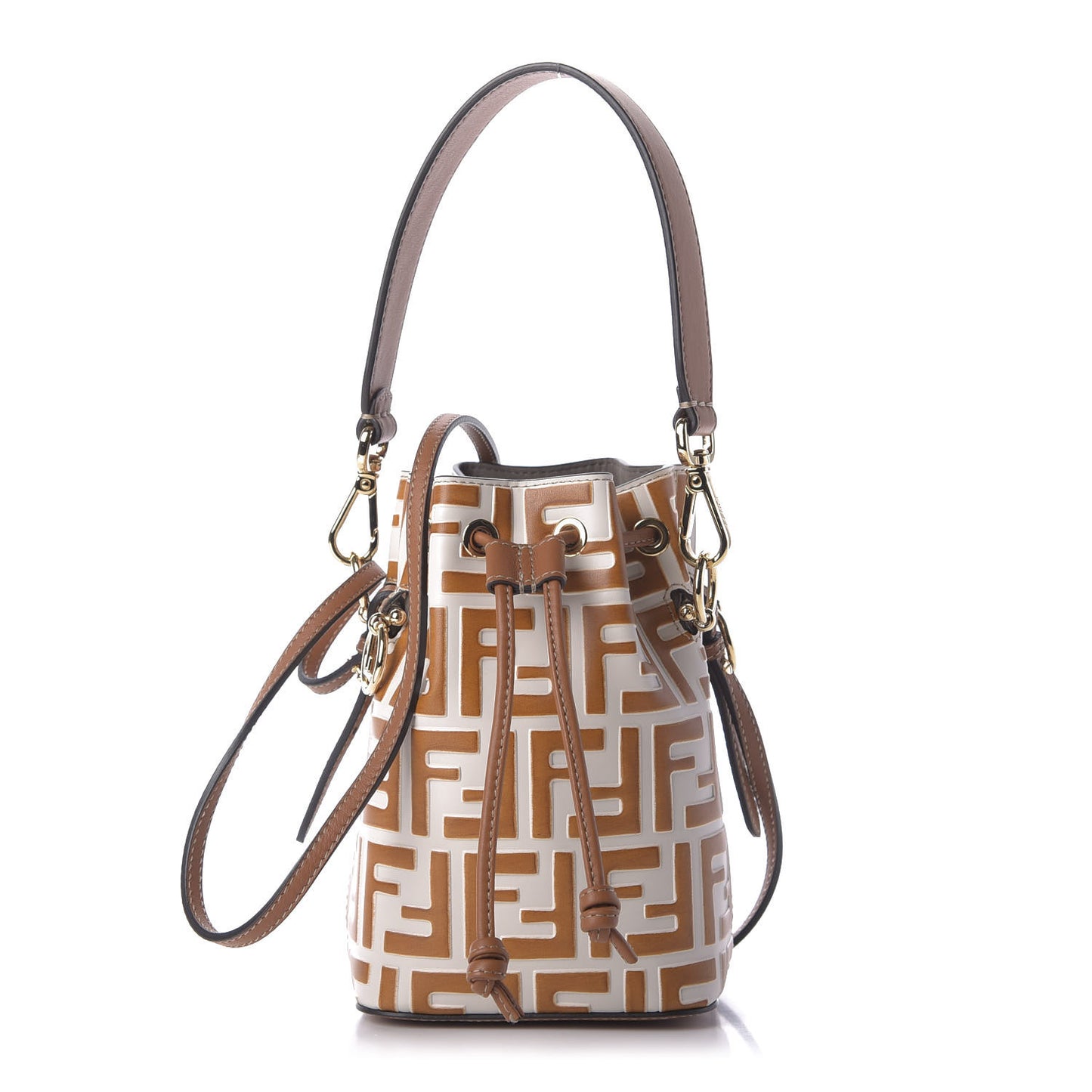 Vitello Grace F is Fendi Bi-Color FF 1974 Embossed Mini Mon Tresor Bucket Bag Camelia Saddler Brandy