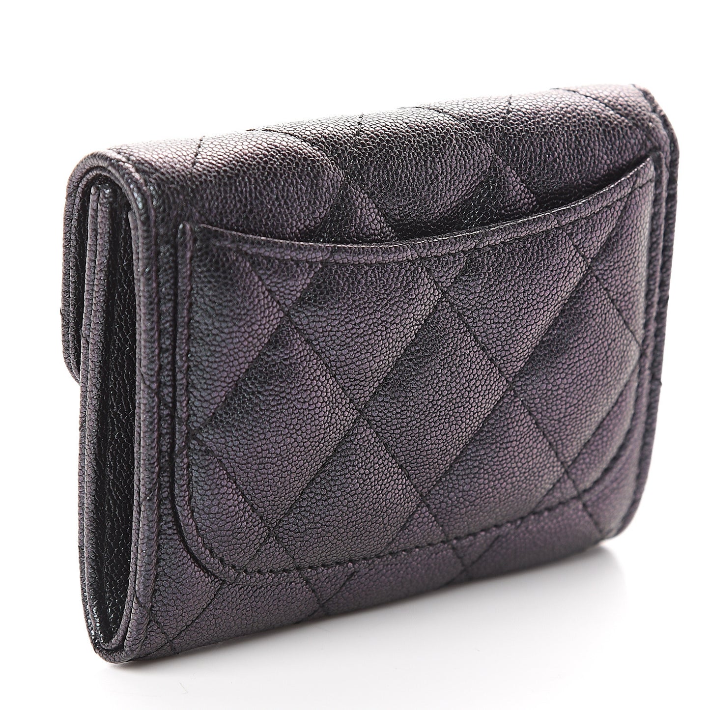 Iridescent Caviar Quilted Flap Card Holder Wallet Black