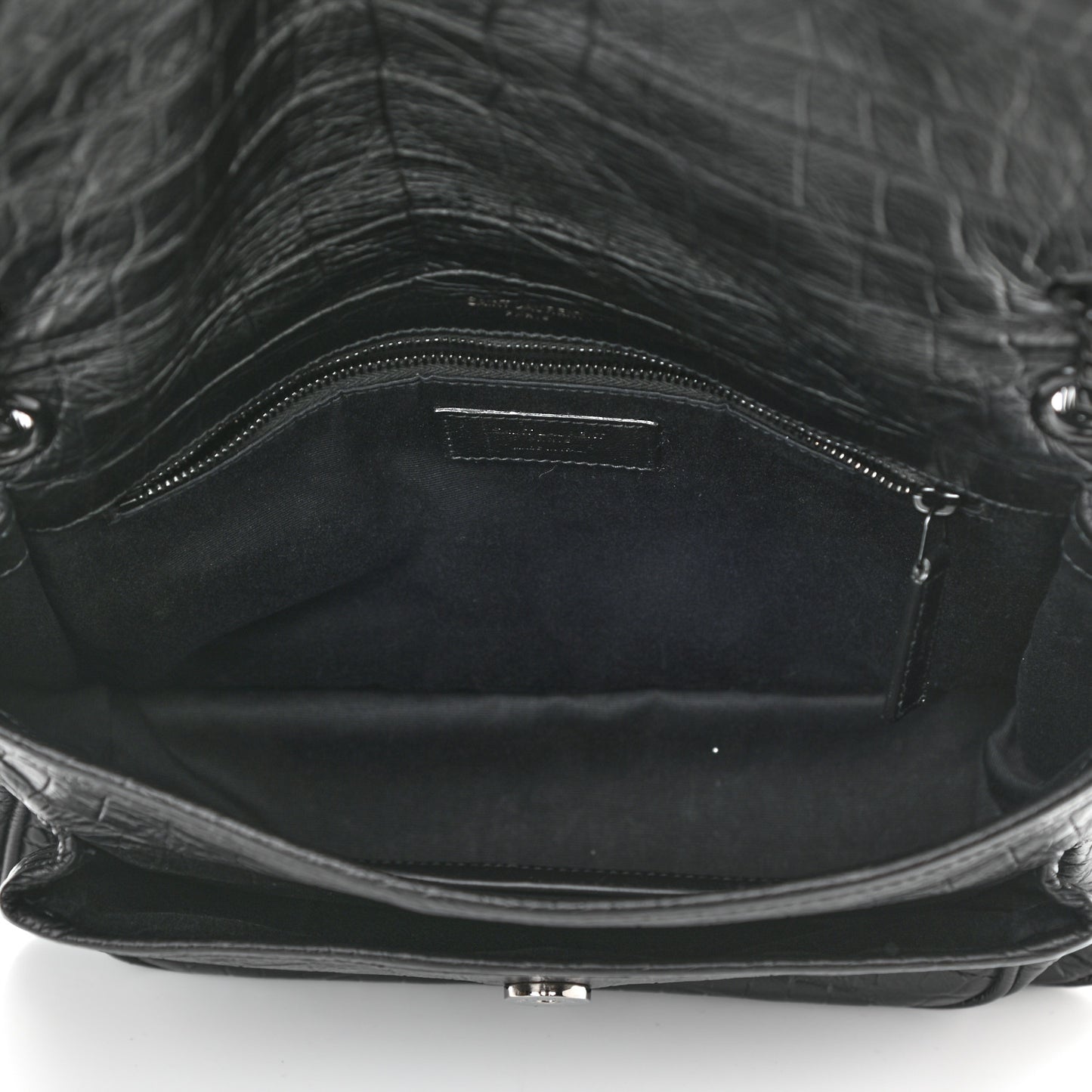 Crocodile Embossed Lambskin Monogram Medium Niki Chain Satchel Black