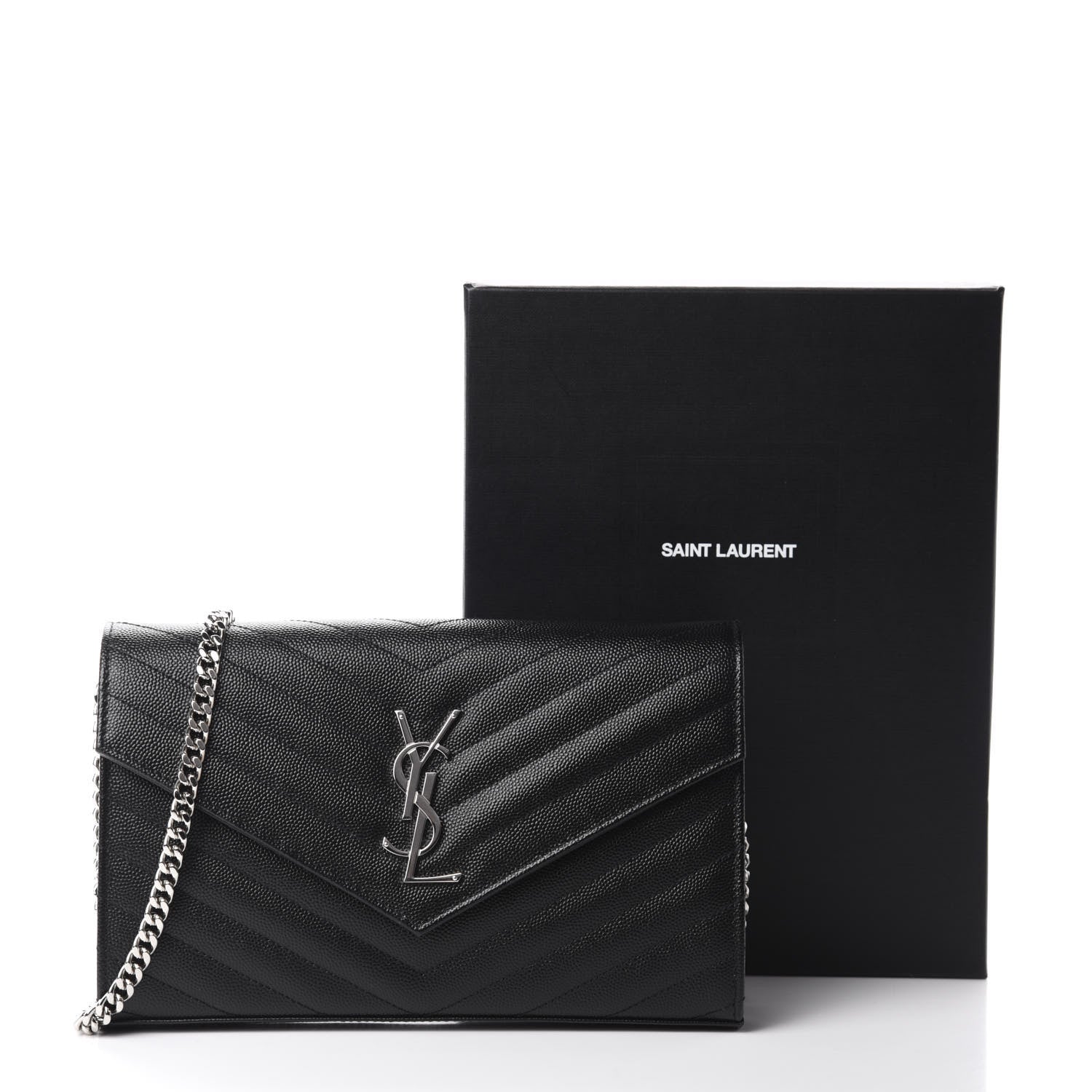 Saint Laurent Grain De Poudre Matelasse Chevron Monogram Chain Wallet Black 10 of 10