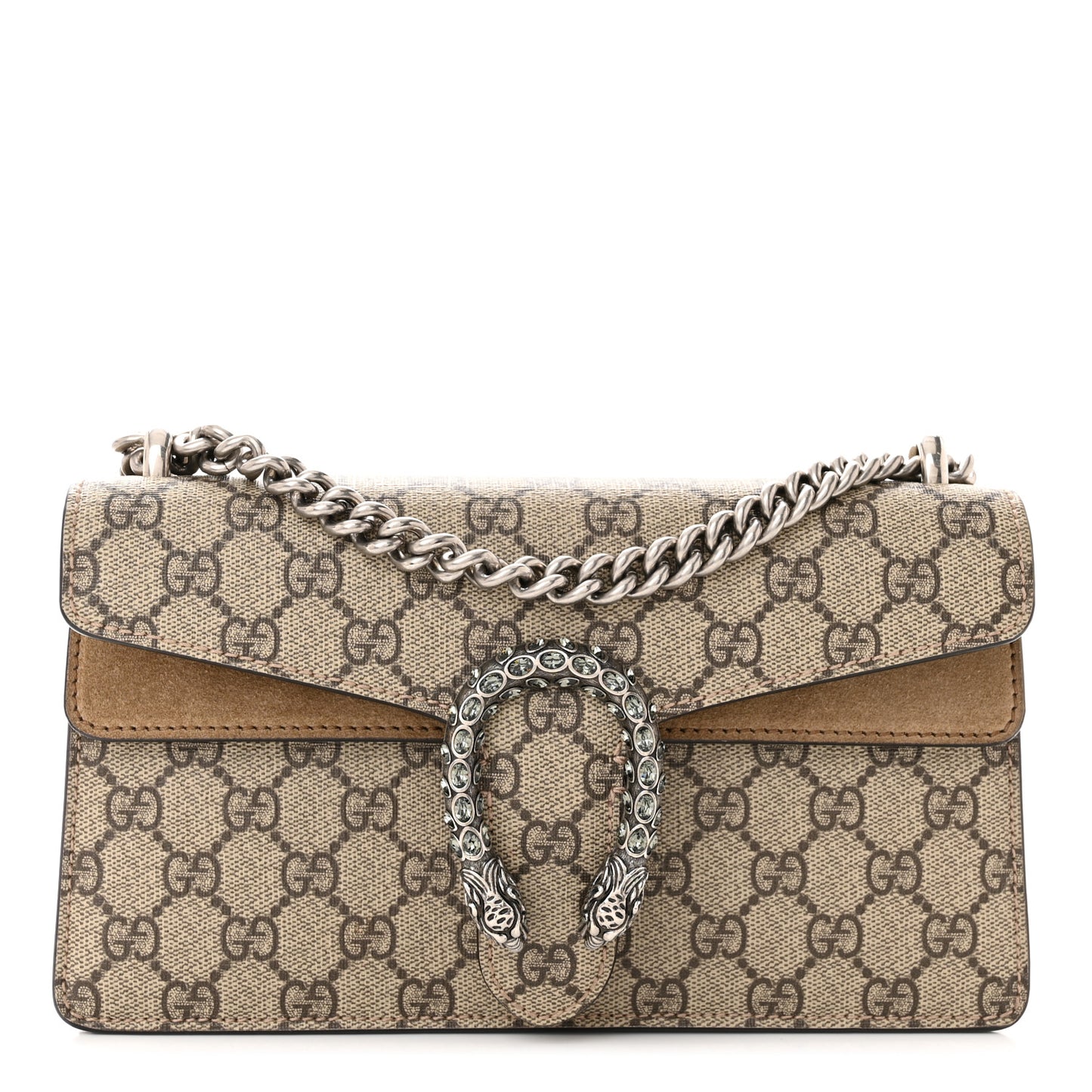 GG Supreme Monogram Suede Crystal Small Dionysus Shoulder Bag Beige Ebony Taupe