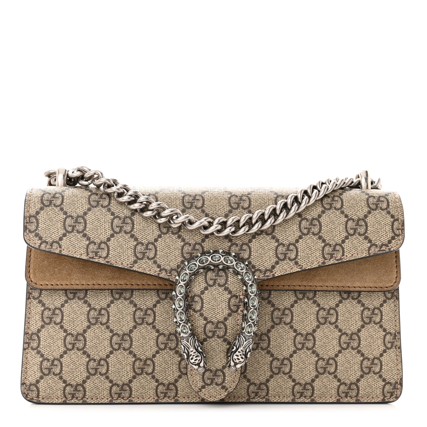 Gucci GG Supreme Monogram Suede Crystal Small Dionysus Shoulder Bag Beige Ebony Taupe 1 of 11