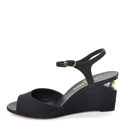 Chanel Grosgrain Pearl CC Wedge Sandals 38 Black 1 of 9