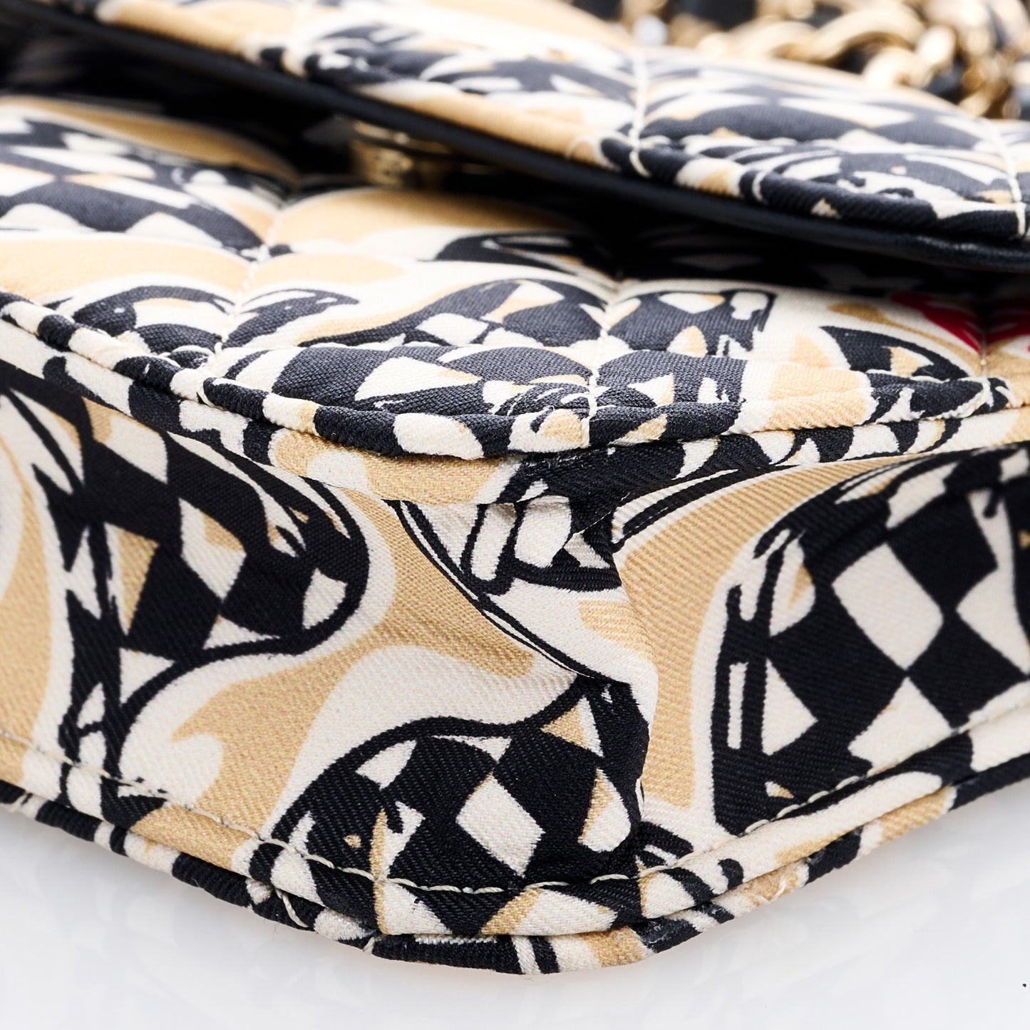 Canvas Check Flag Printed CC Clutch With Chain Beige Multicolor