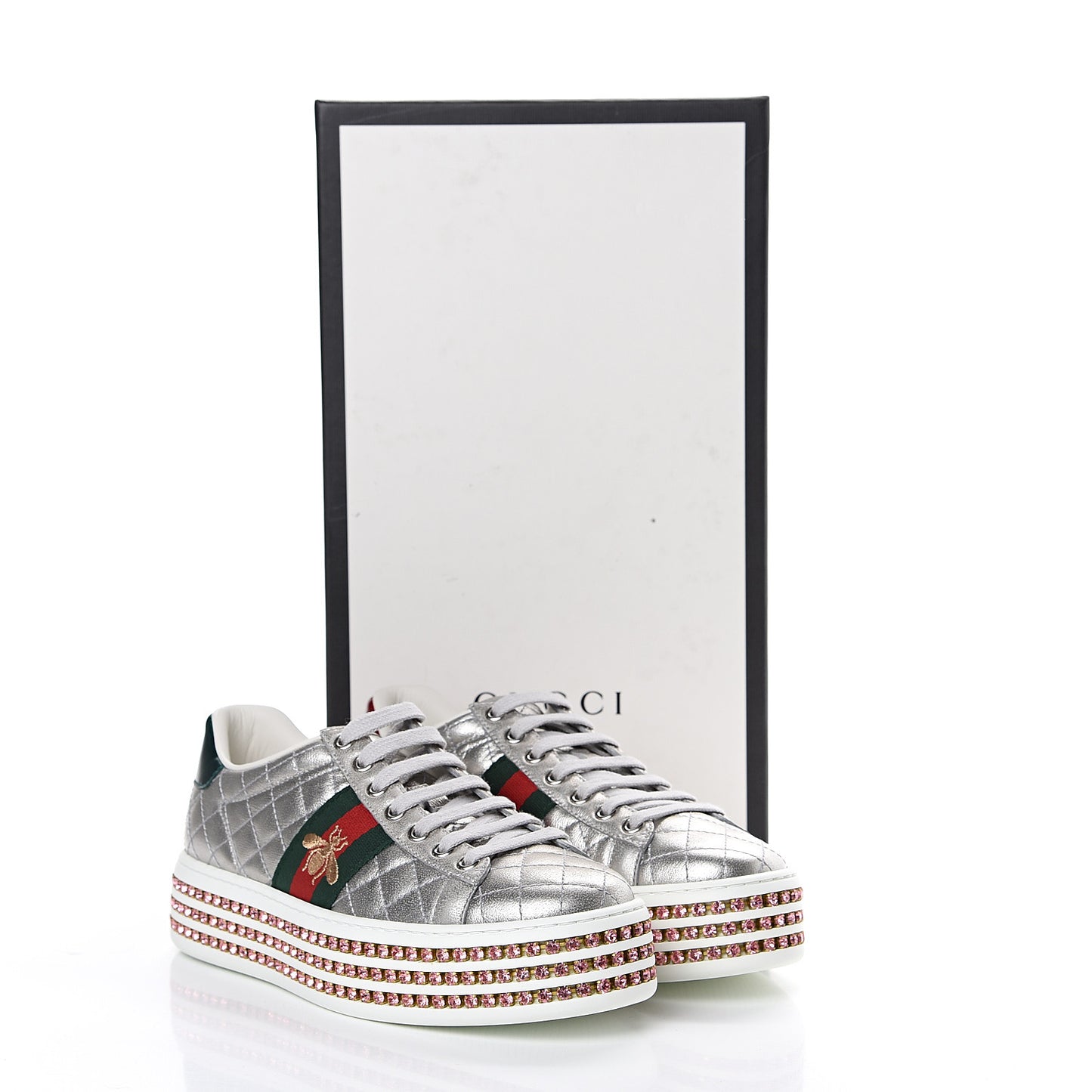 Laminated Nappa Crystal Web Bee Embroidered Trapuntata Womens Ace Platform Sneakers 36.5 Argento