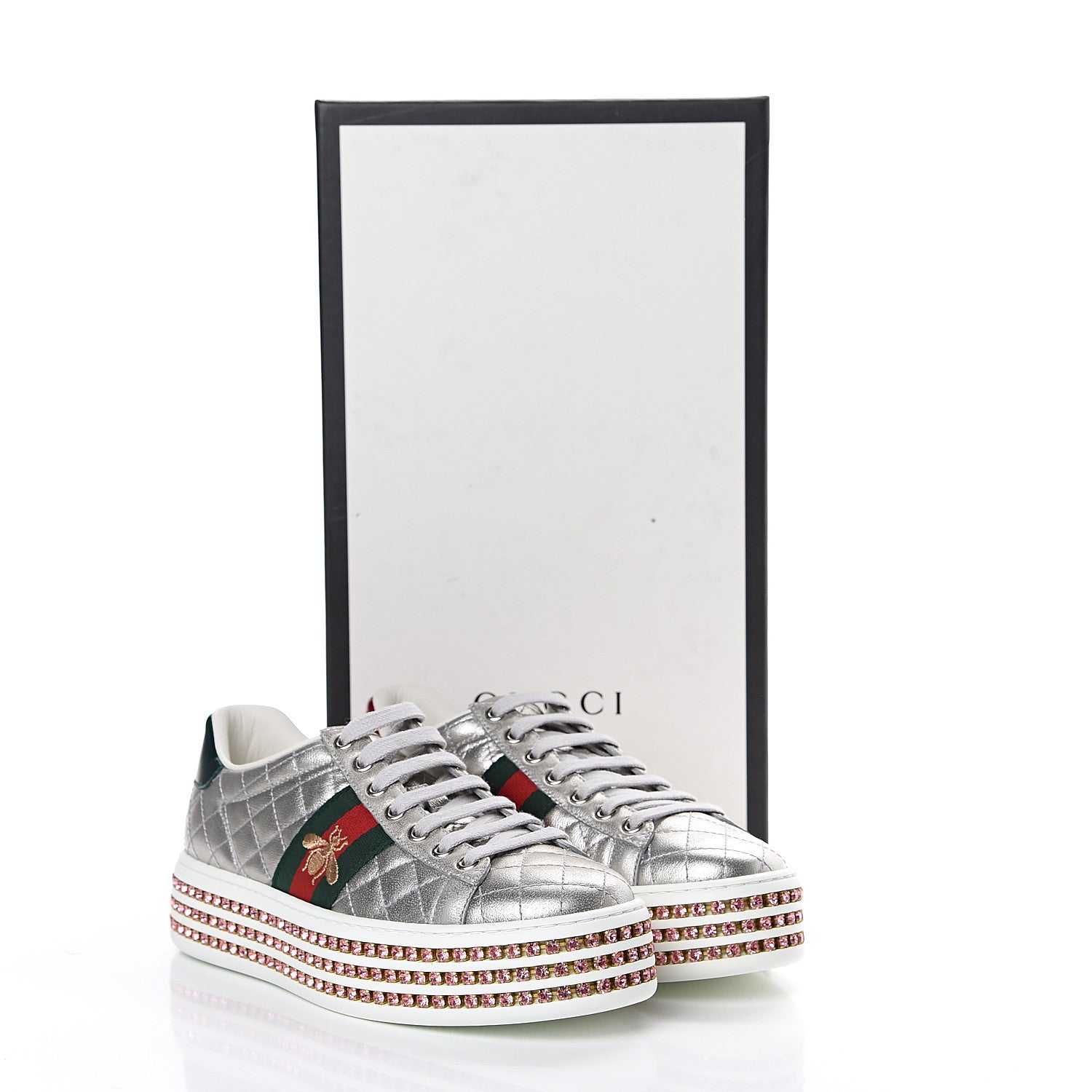Gucci Laminated Nappa Crystal Web Bee Embroidered Trapuntata Womens Ace Platform Sneakers 36.5 Argento 8 of 8