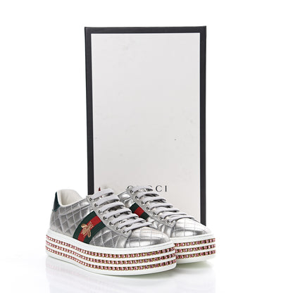 Gucci Laminated Nappa Crystal Web Bee Embroidered Trapuntata Womens Ace Platform Sneakers 36.5 Argento 8 of 8