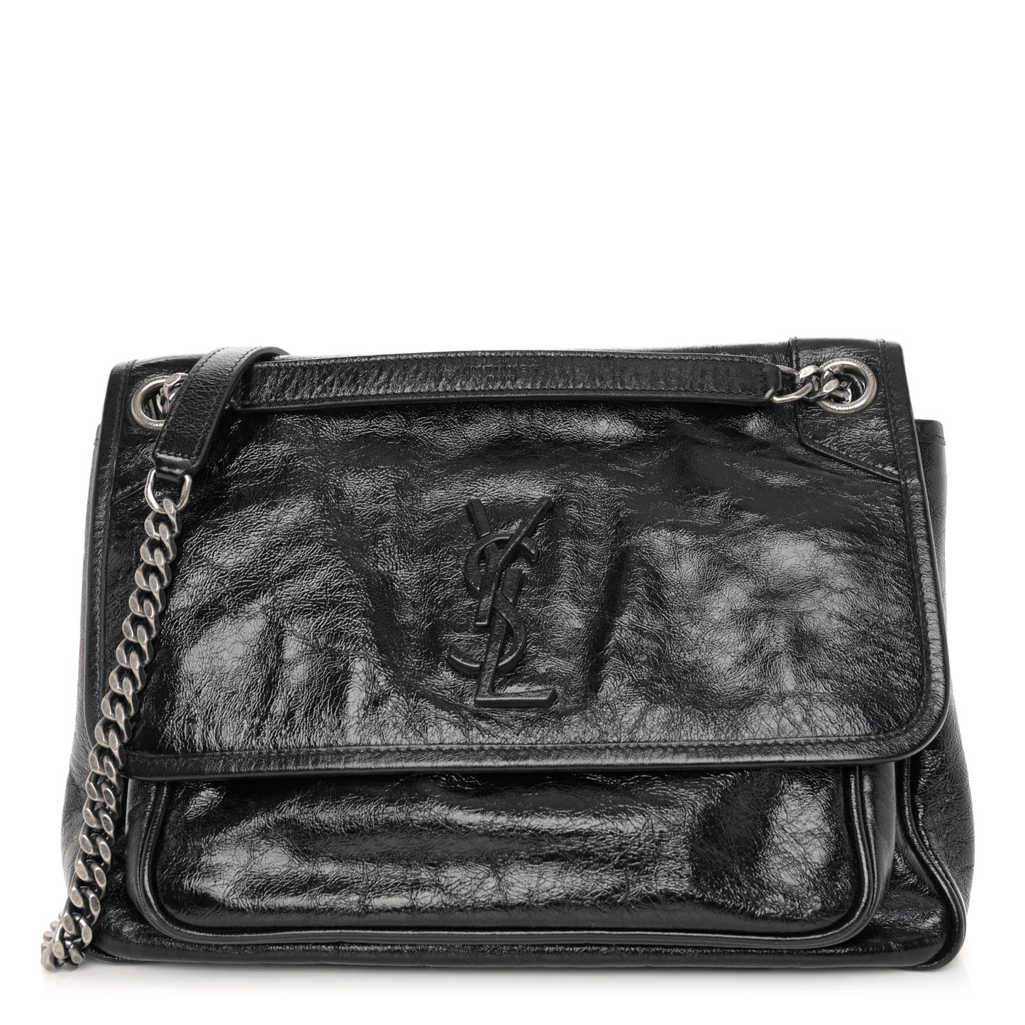Crinkled Calfskin Monogram Medium Niki Chain Satchel Black