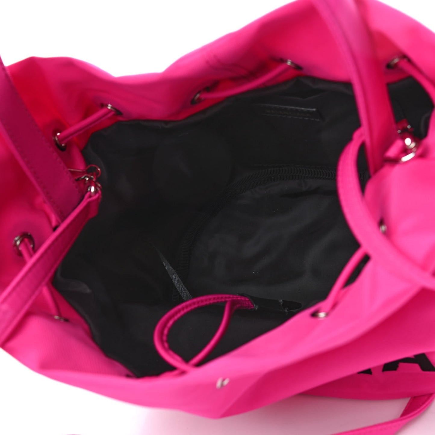 Recycled Sport Nylon Logo Embroidered Small Wheel Drawstring Bucket Bag Fuchsia Black