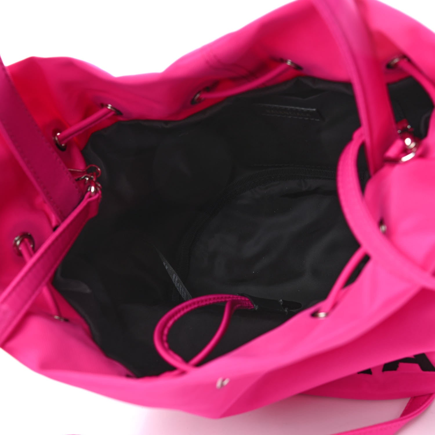 Balenciaga Recycled Sport Nylon Logo Embroidered Small Wheel Drawstring Bucket Bag Fuchsia Black 4 of 4