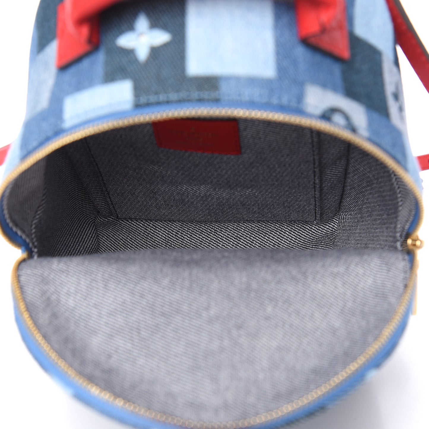 Denim Damier Monogram Patchwork Palm Springs Backpack Mini Blue Rouge