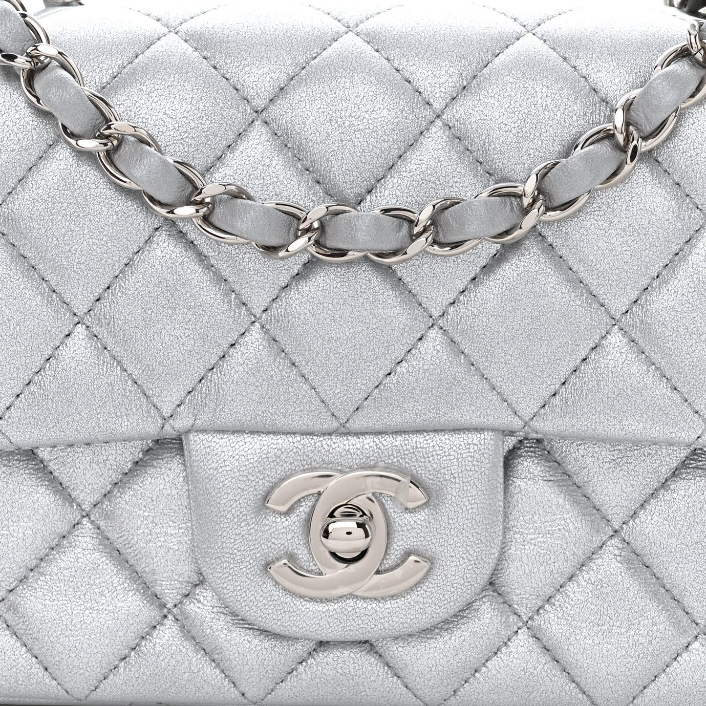 Metallic Lambskin Quilted Mini Rectangular Flap Silver