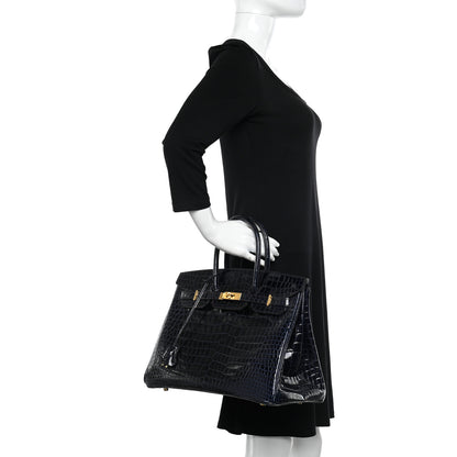Hermes Shiny Porosus Crocodile Horseshoe Birkin 35 Bleu Nuit Bordeaux 2 of 10