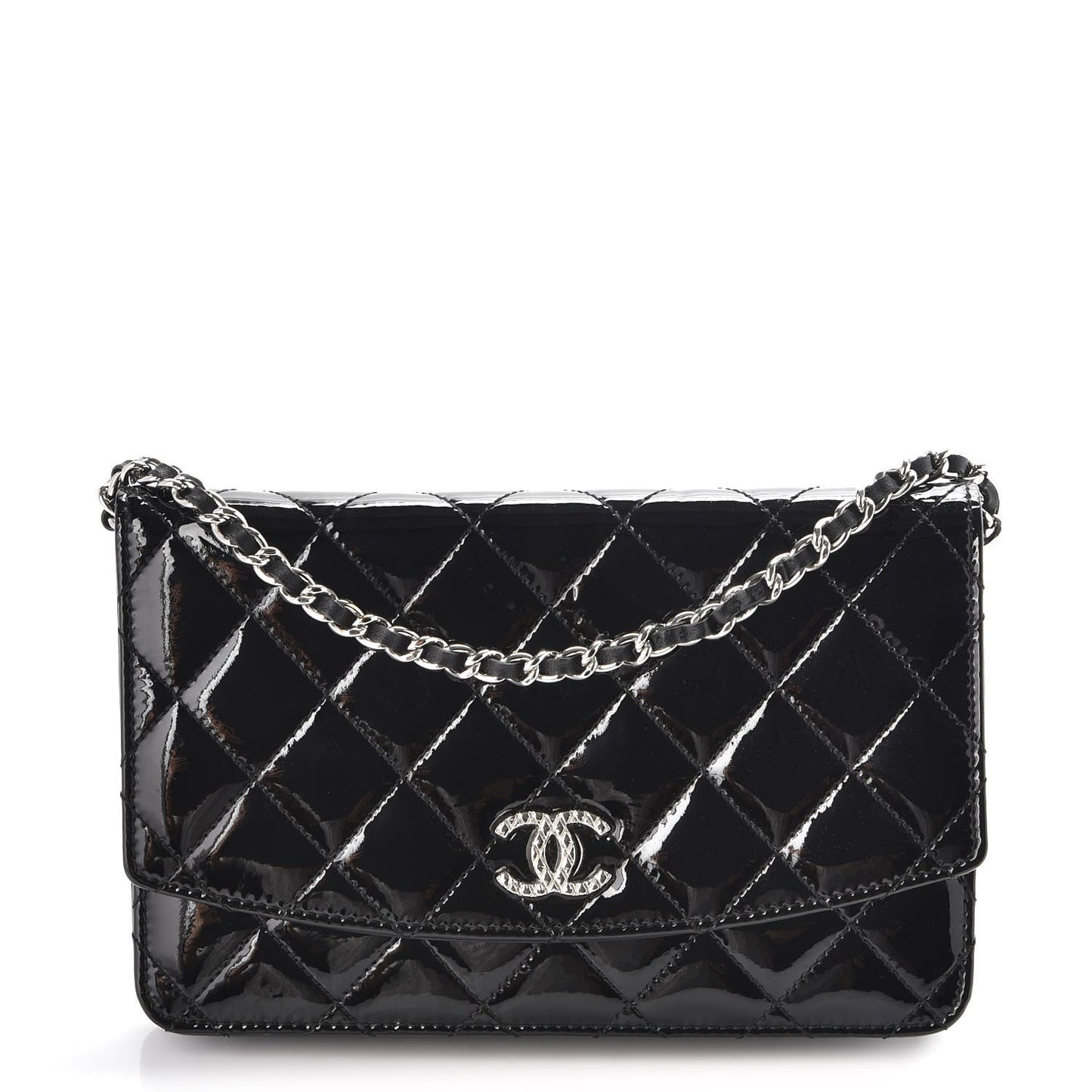 Patent Quilted Brilliant Wallet On Chain WOC Black