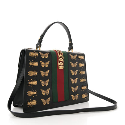 Gucci Calfskin Animal Studs Medium Sylvie Top Handle Bag Black 3 of 11