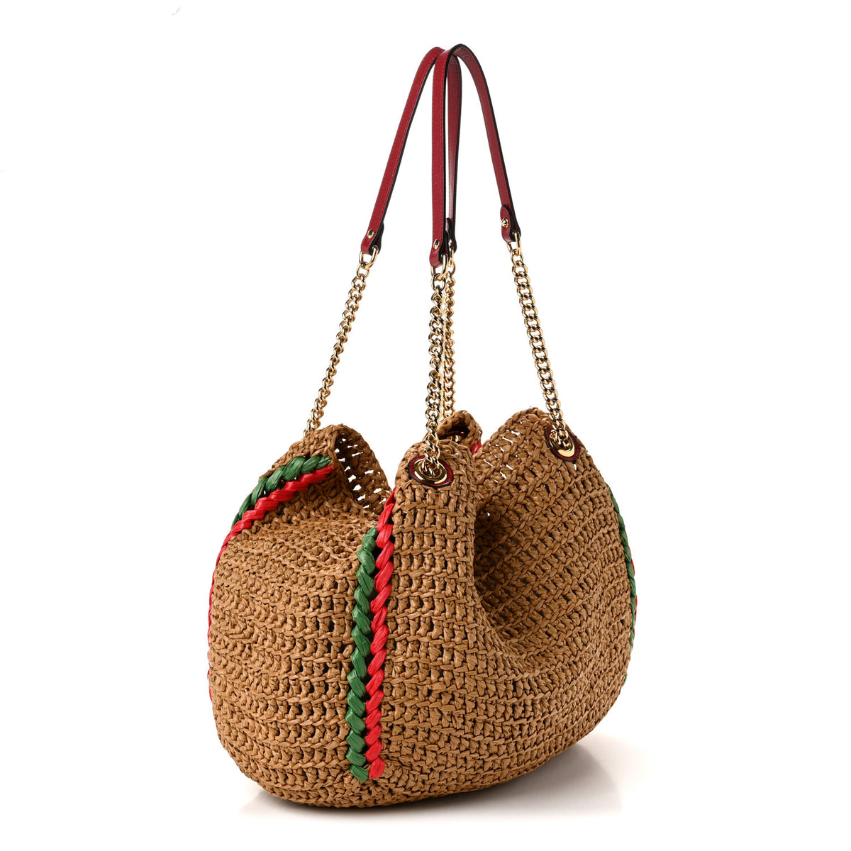 Raffia Effect Large GG Marmont Shoulder Tote Bag Natural Red Green