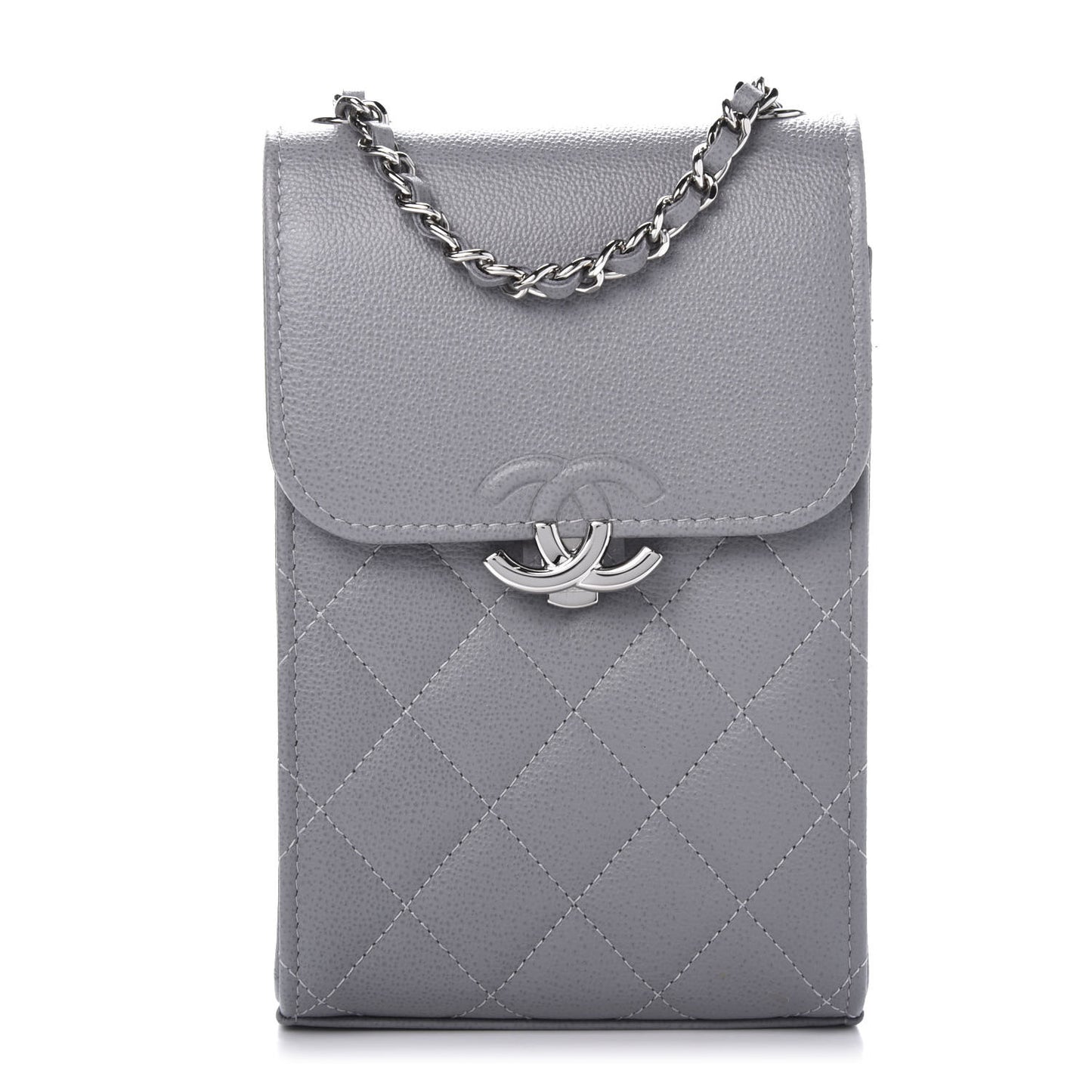 Grained Calfskin Quilted CC Box Clutch With Chain Grey