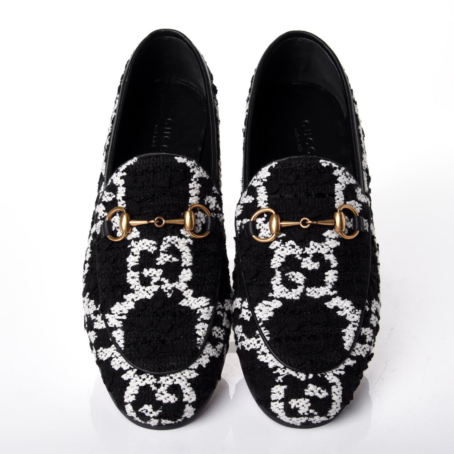 Tweed GG Monogram Horsebit Womens Jordaan Loafers 35.5 Black Natural