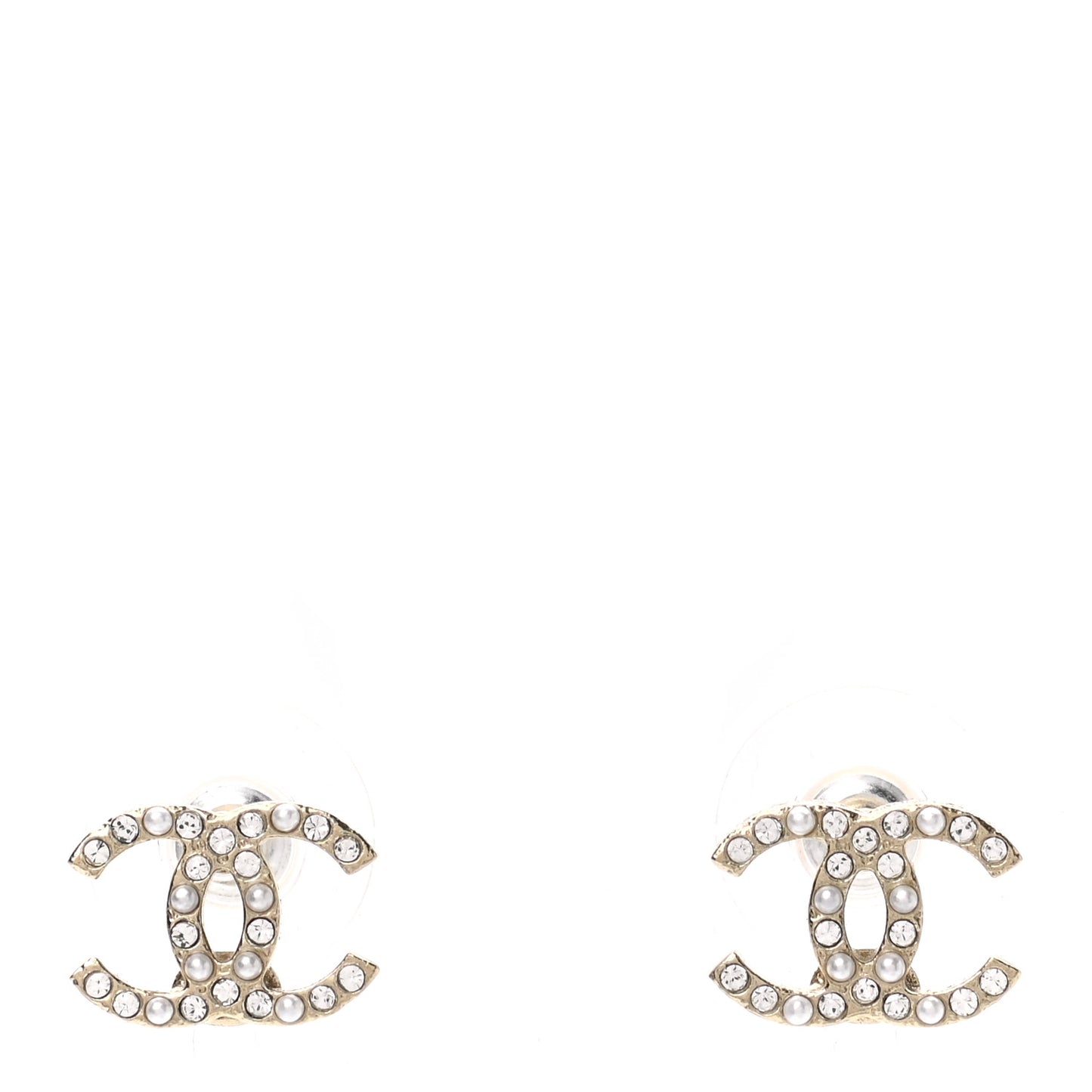 Pearl Crystal CC Charms Stud Earrings Light Gold