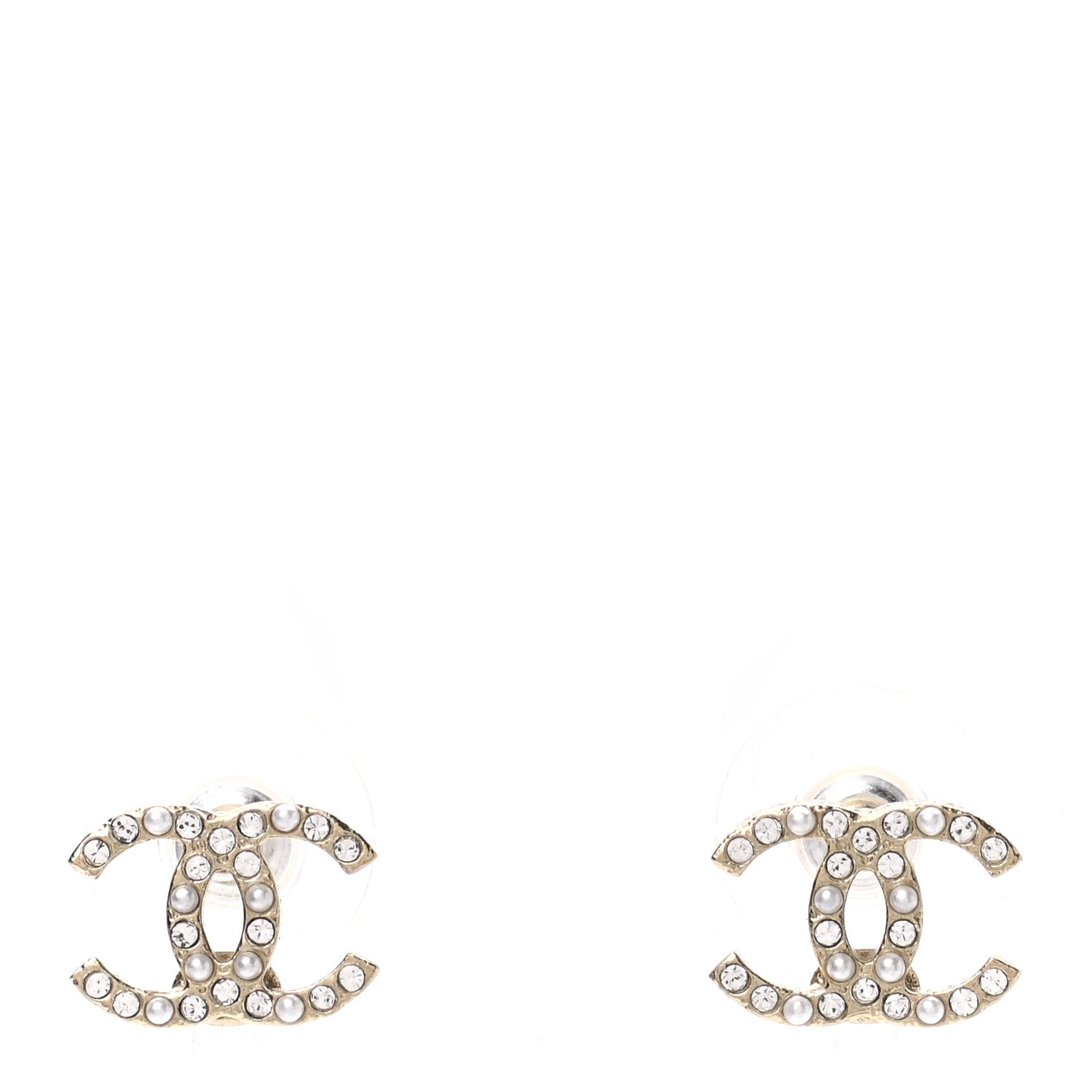 Chanel Pearl Crystal CC Charms Stud Earrings Light Gold 1 of 4