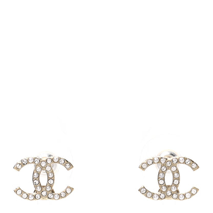 Chanel Pearl Crystal CC Charms Stud Earrings Light Gold 1 of 4