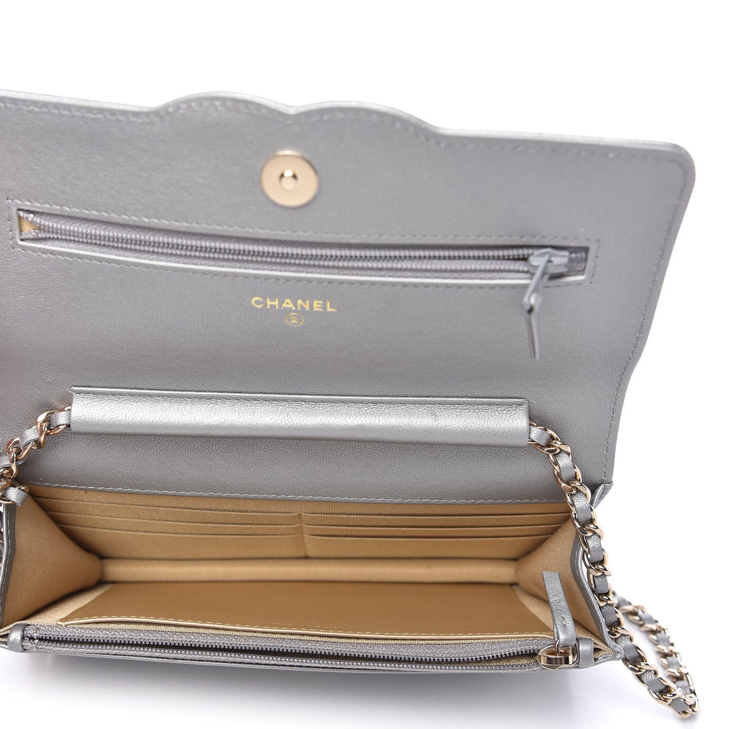 Metallic Goatskin Quilted Timeless CC Wallet On Chain WOC Silver