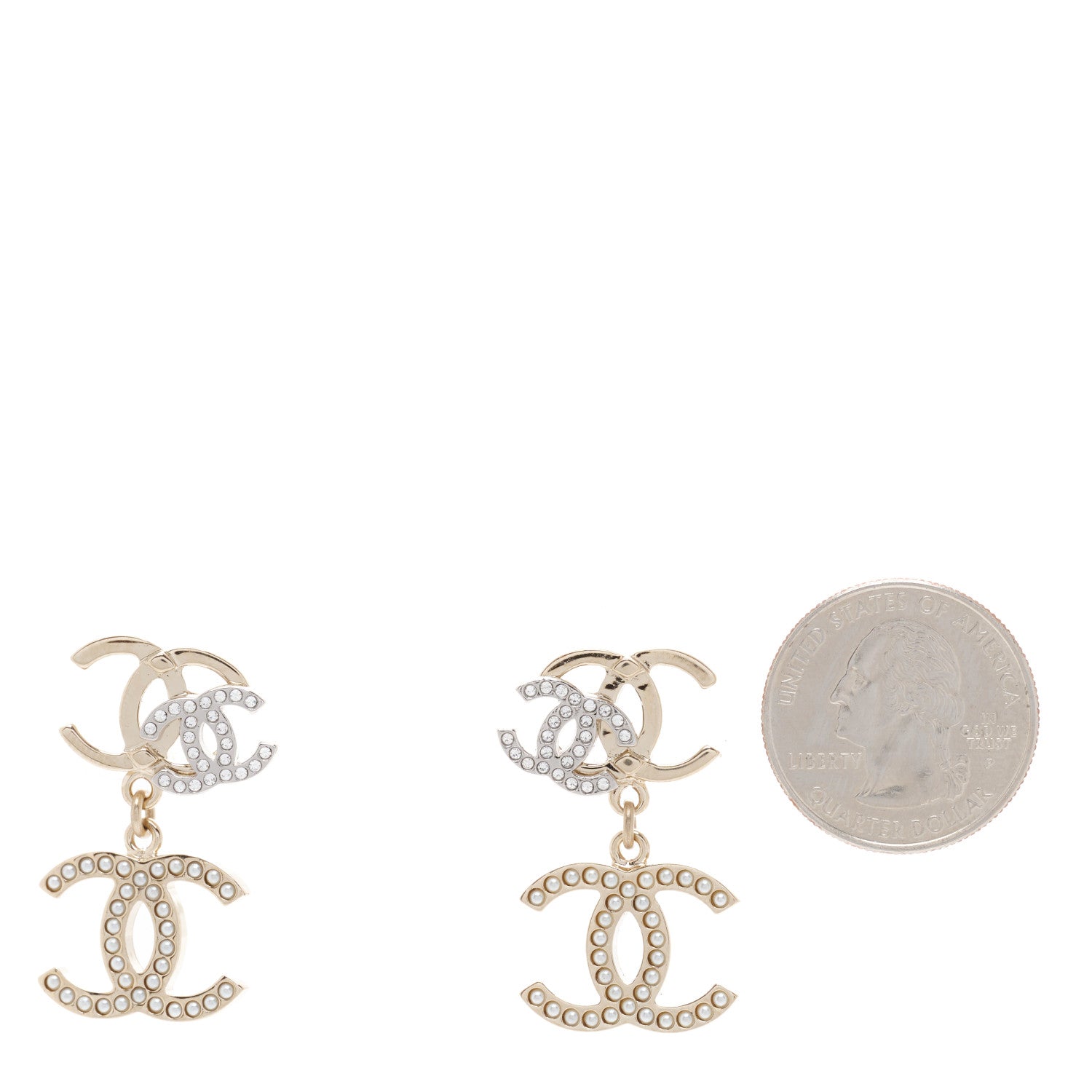 Chanel Crystal Pearl Double CC Drop Earrings Gold Silver 2 of 5