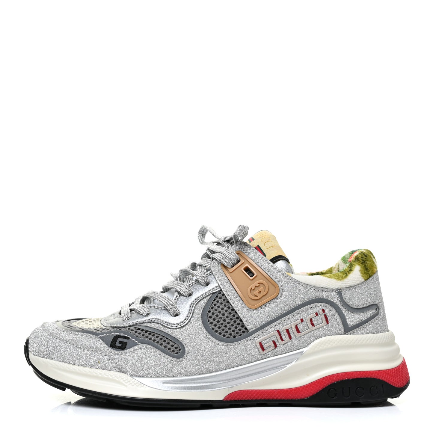 Metallic Calfskin Glitter Mesh Womens Ultrapace Sneakers 35 Silver Light Grey Mystic White