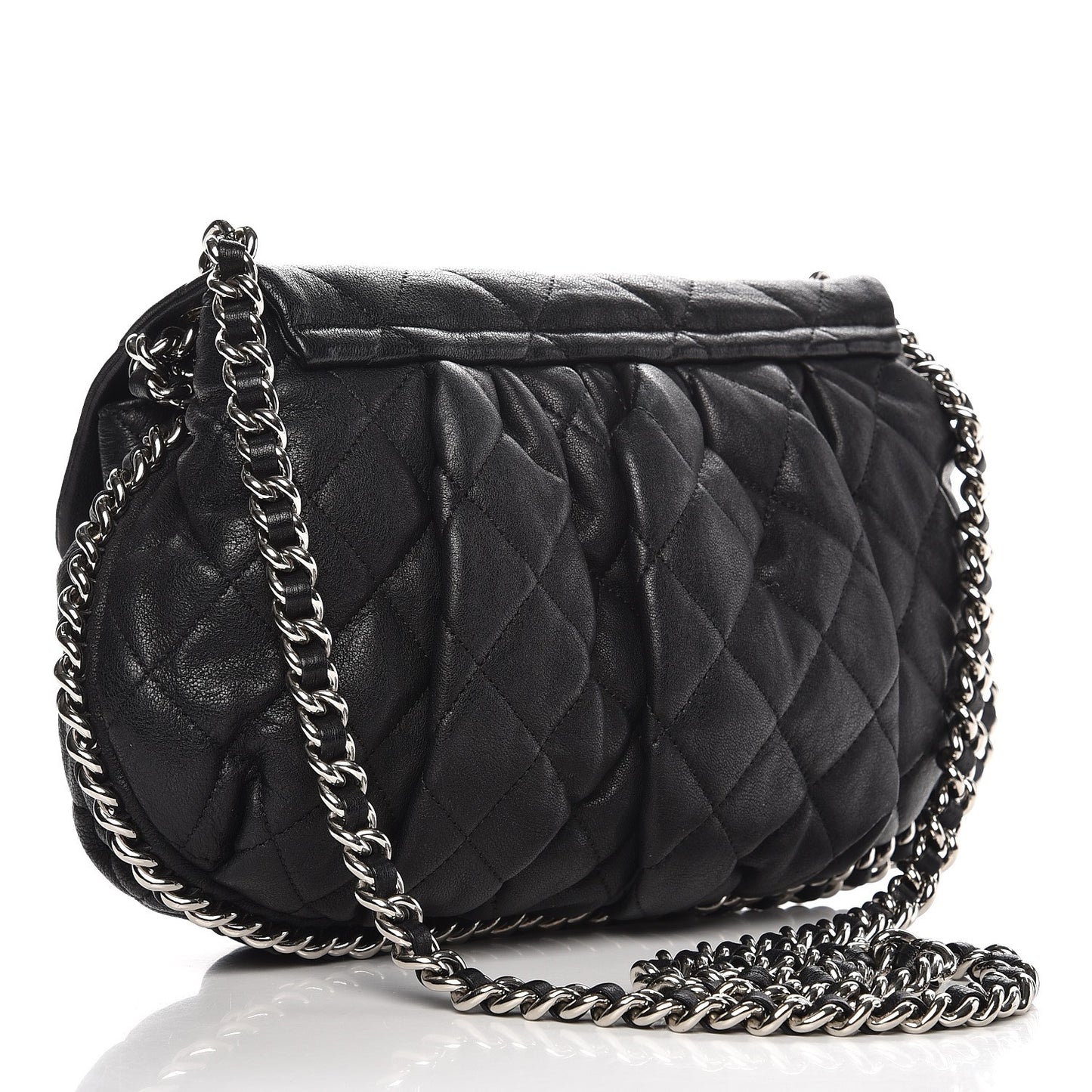 Washed Lambskin Quilted Medium Chain Around Messenger Black