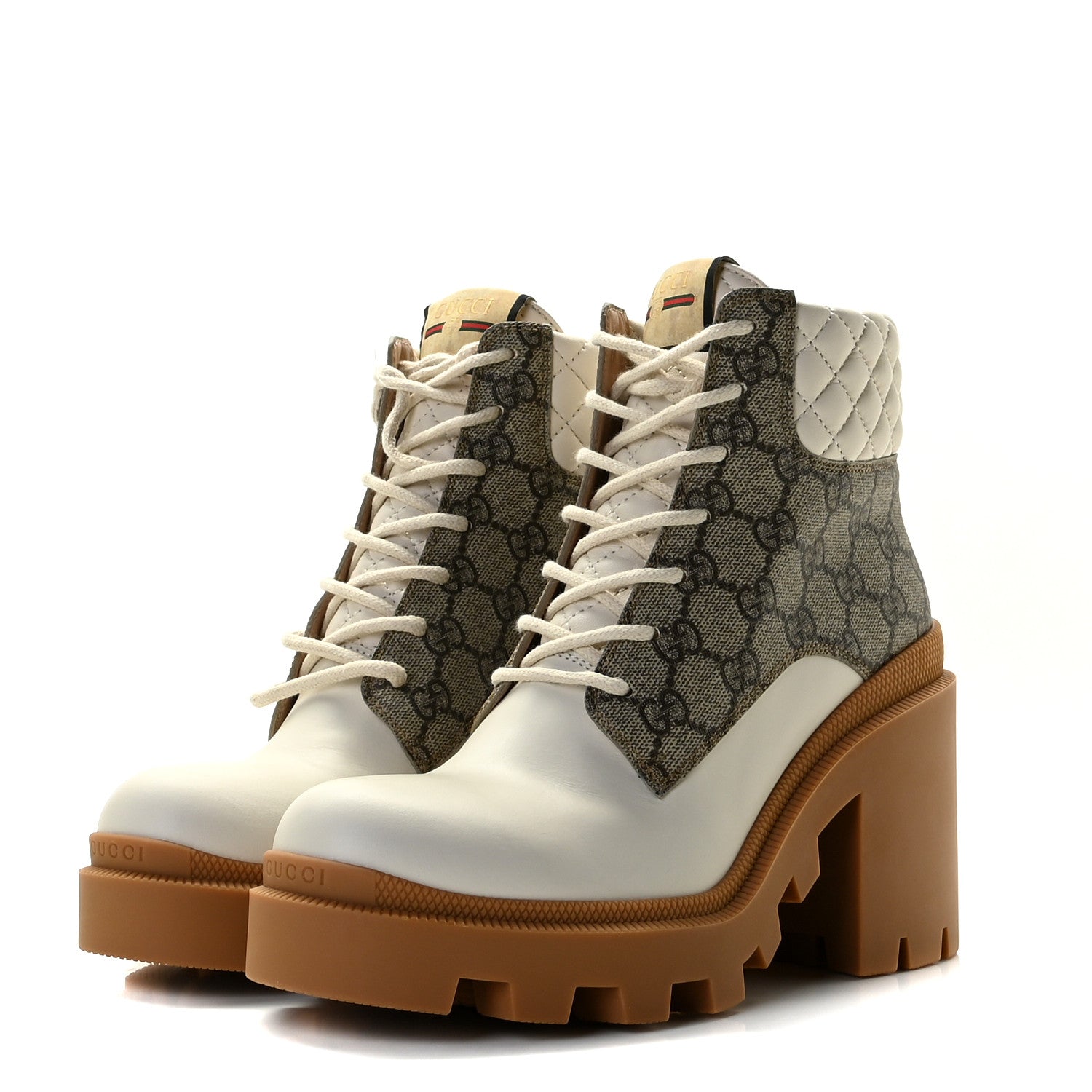 Gucci Calfskin GG Supreme Monogram Nappa Quilted Lace Up Ankle Boots 39 Mystic White Beige 3 of 11