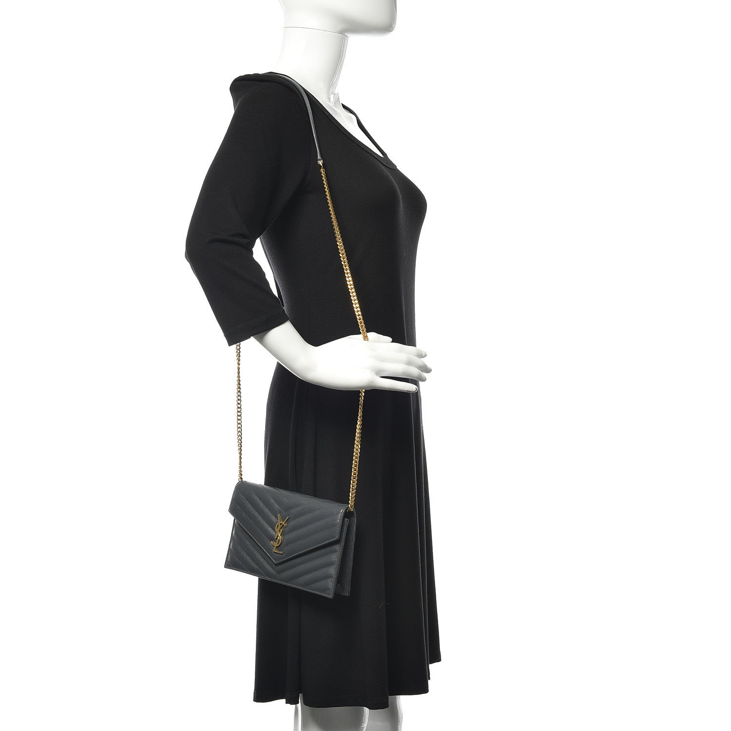 Saint Laurent Grain De Poudre Matelasse Chevron Monogram Envelope Chain Wallet Dark Smog 2 of 11