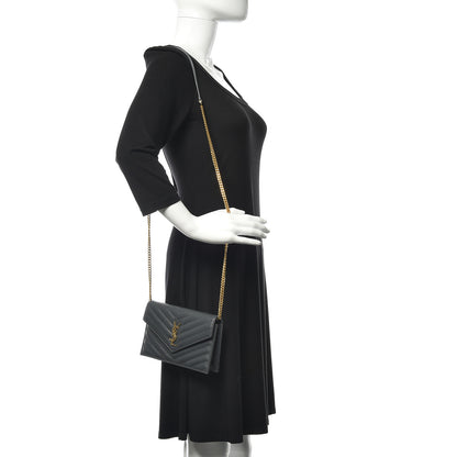 Saint Laurent Grain De Poudre Matelasse Chevron Monogram Envelope Chain Wallet Dark Smog 2 of 11