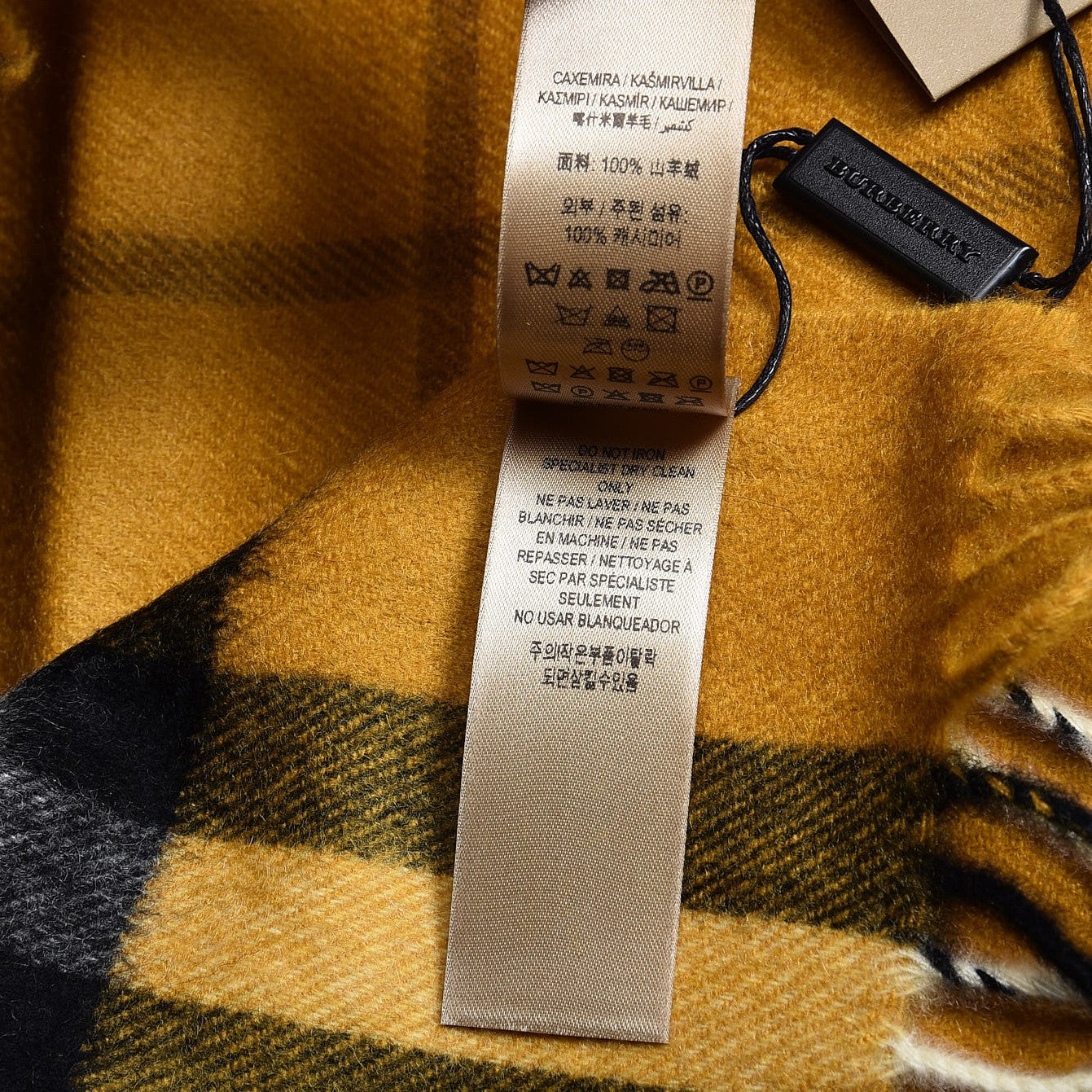 Cashmere Giant Check Fringe Scarf Amber Yellow