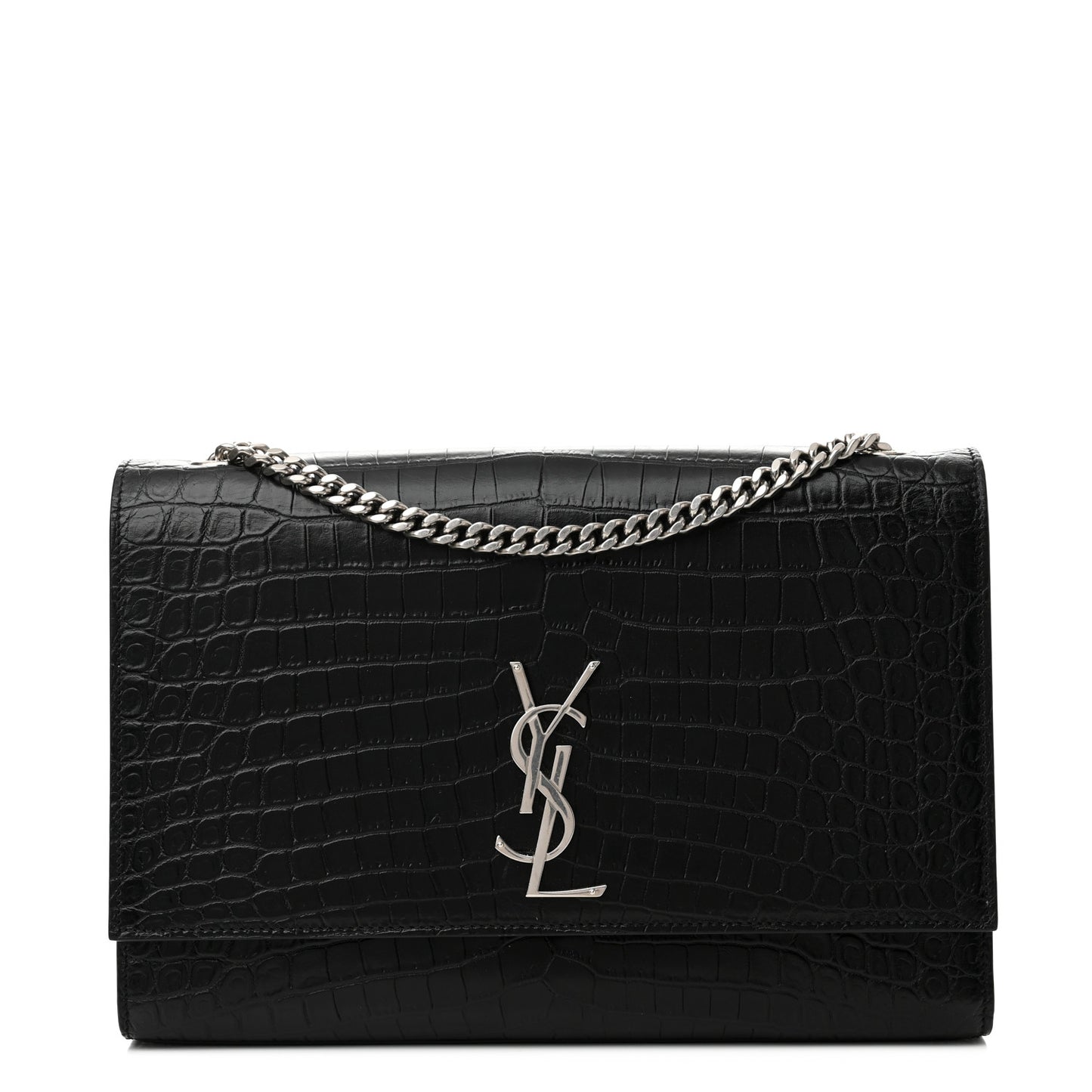Calfskin Crocodile Embossed Large Classic Monogram Kate Satchel Black