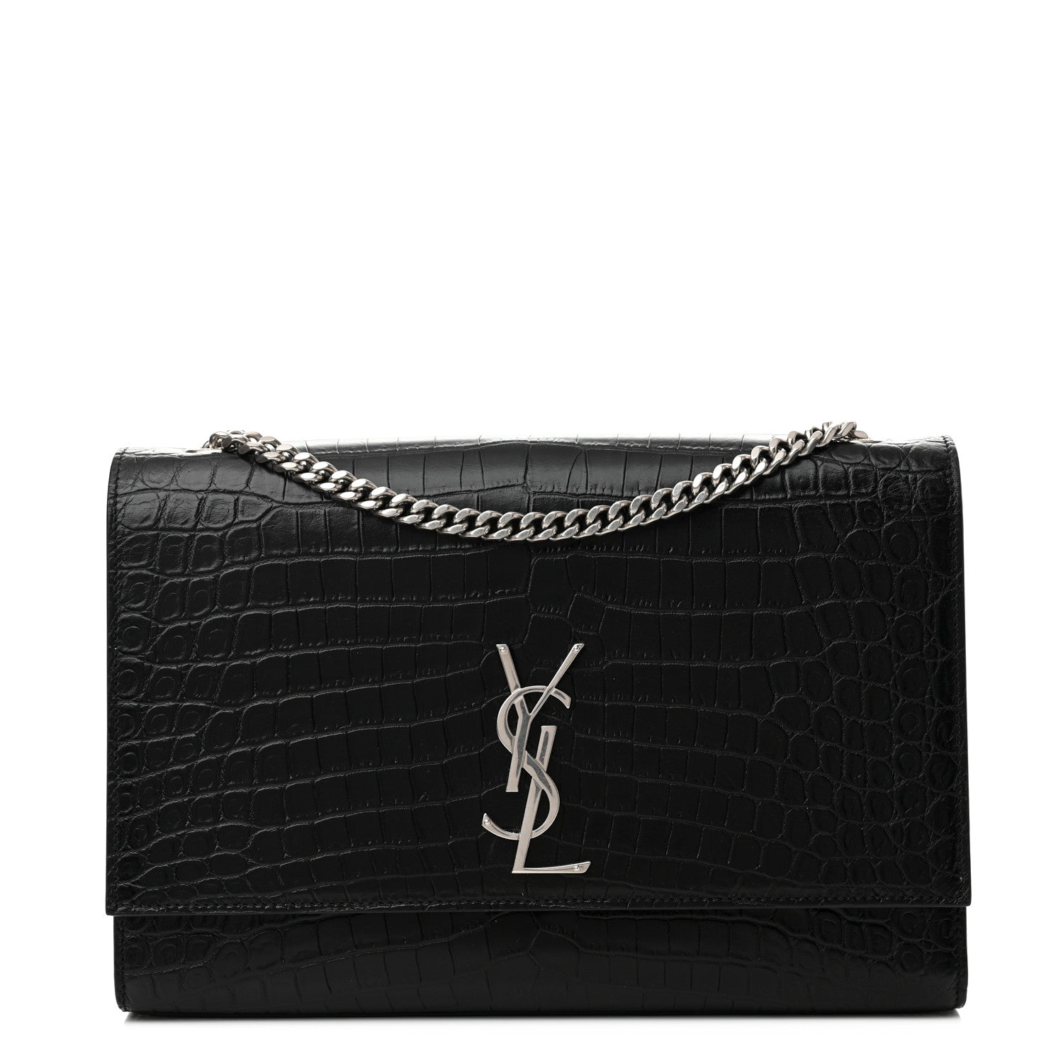 Saint Laurent Calfskin Crocodile Embossed Large Classic Monogram Kate Satchel Black 1 of 8