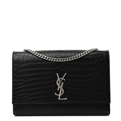 Saint Laurent Calfskin Crocodile Embossed Large Classic Monogram Kate Satchel Black 1 of 8