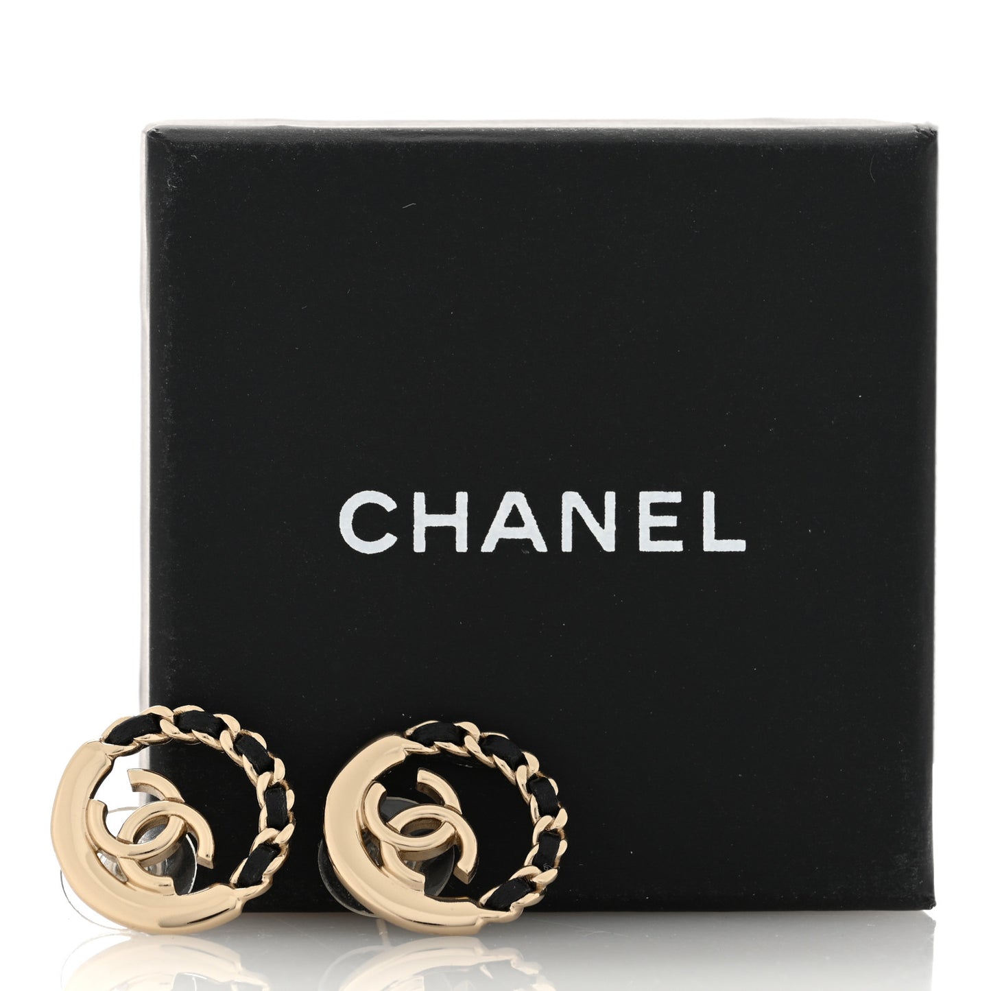 Lambskin Chain CC Round Earrings Gold Black