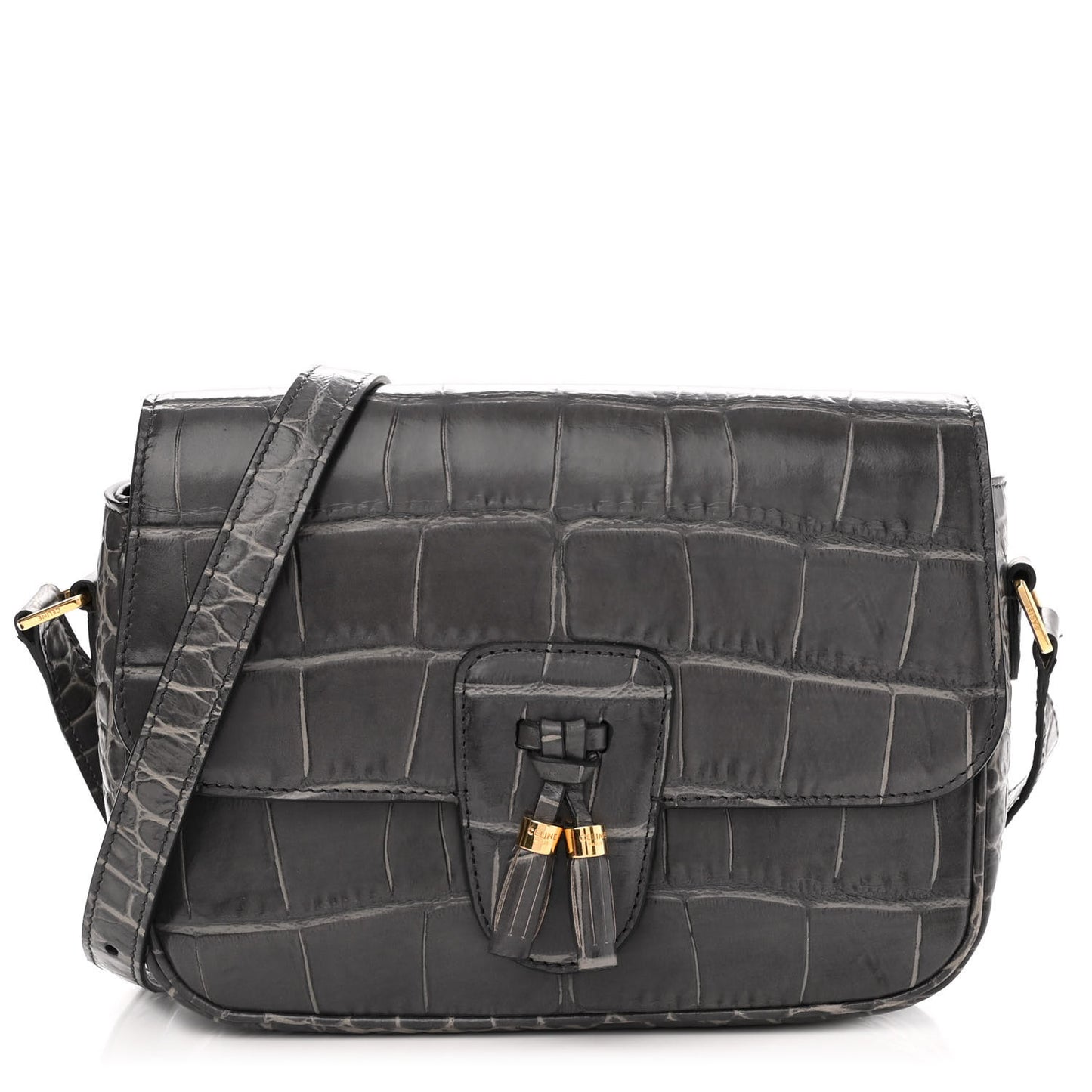 Calfskin Crocodile Embossed Medium Tassel Bag Anthracite
