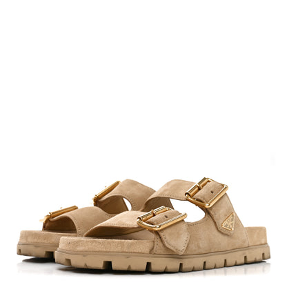 Prada Suede Metal Triangle Logo Womens Double Buckle 20mm Slide Sandals 39 Ecru 3 of 9