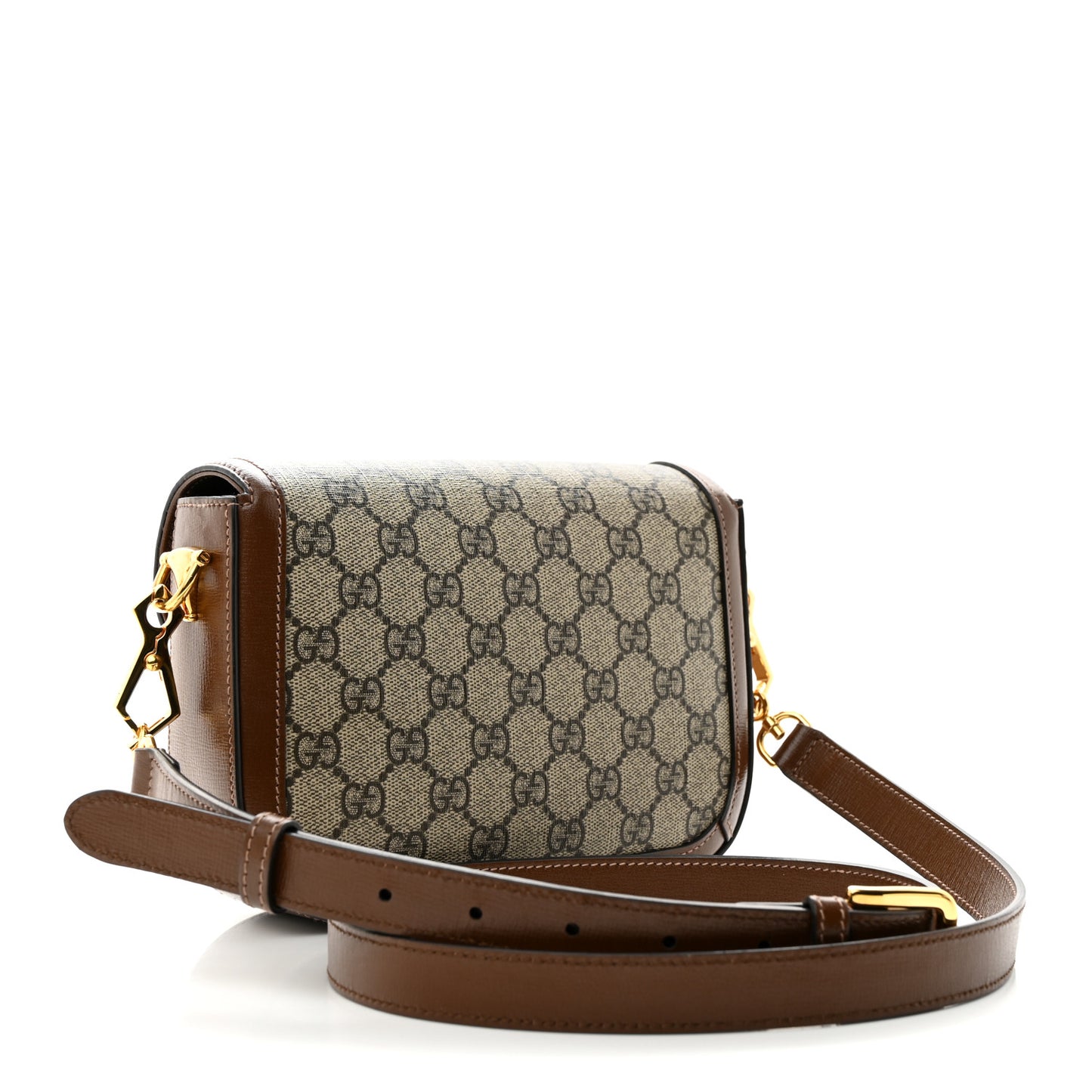 GG Supreme Monogram Azalea Calfskin Web Mini Horsebit 1955 Shoulder Bag Beige Ebony Brown Sugar