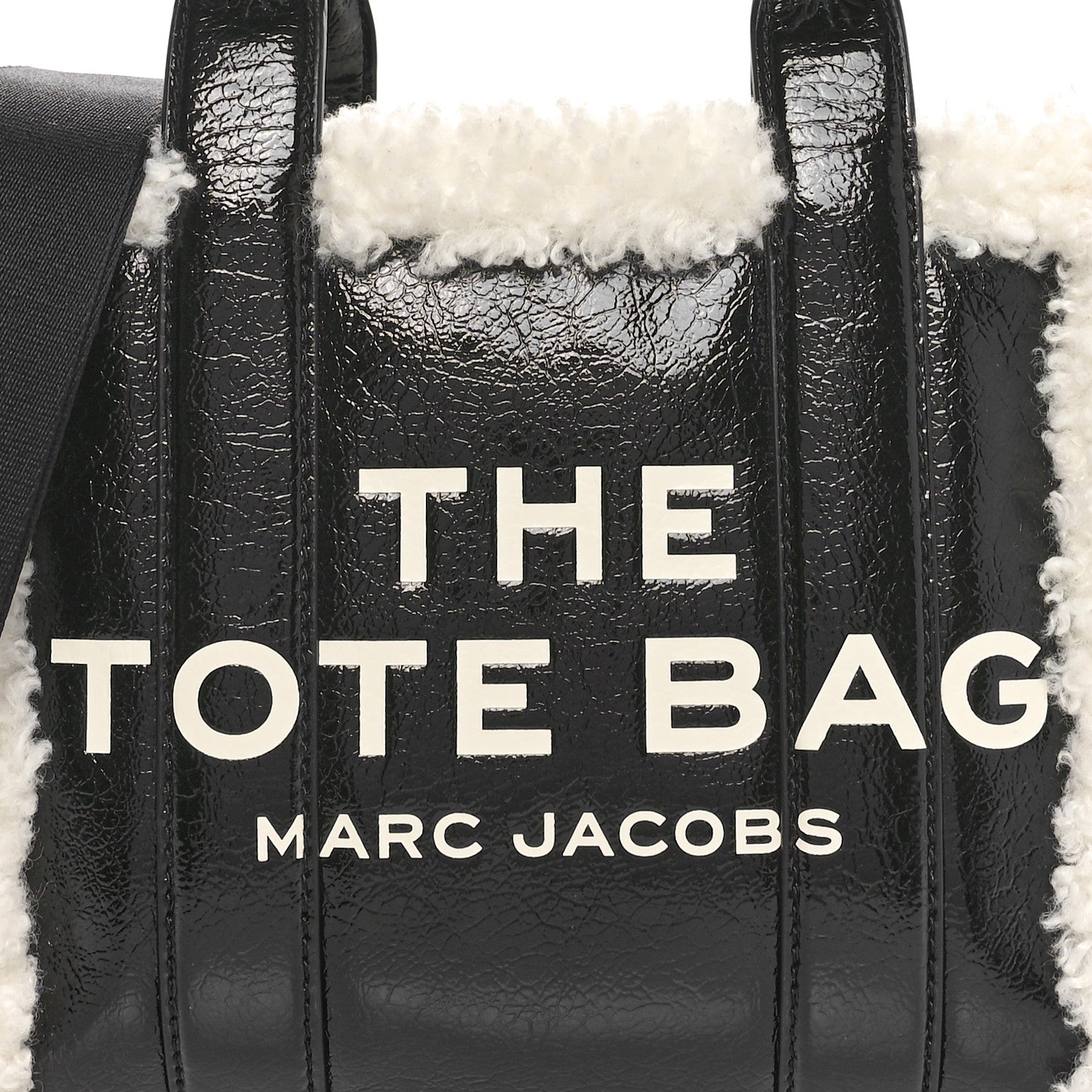 Marc Jacobs Shiny Calfskin Faux Shearling Mini The Traveler Tote Bag Black 7 of 9