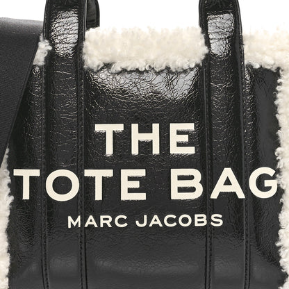 Marc Jacobs Shiny Calfskin Faux Shearling Mini The Traveler Tote Bag Black 7 of 9