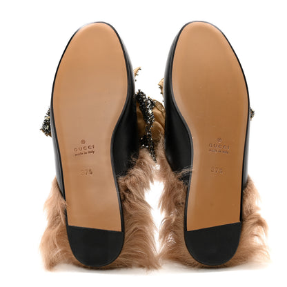 Gucci Malaga Kid Fur Crystal Bow Embroidered Womens Princetown Slippers 37.5 Black 5 of 8