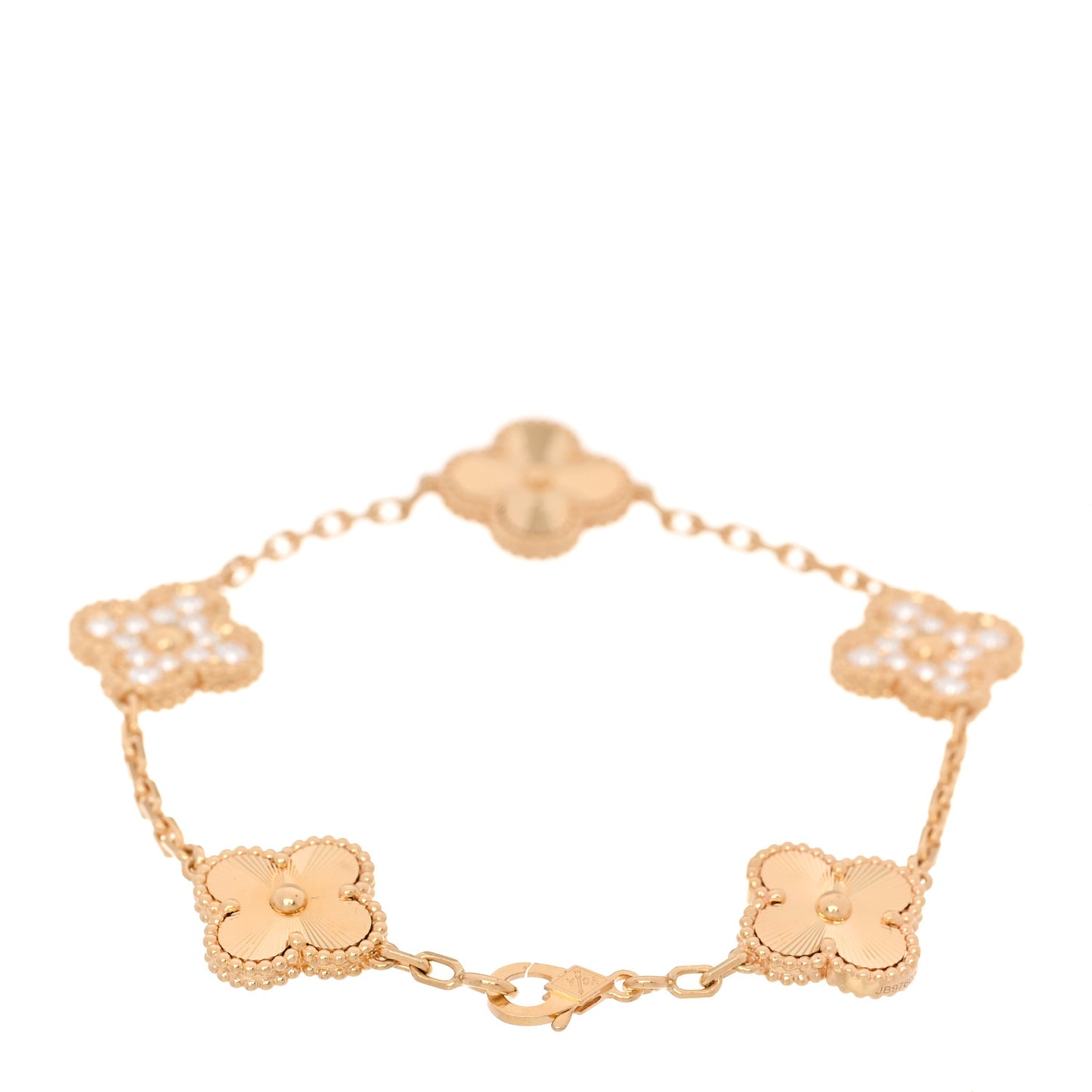 18K Yellow Gold Diamond 5 Motifs Guilloche Vintage Alhambra Bracelet